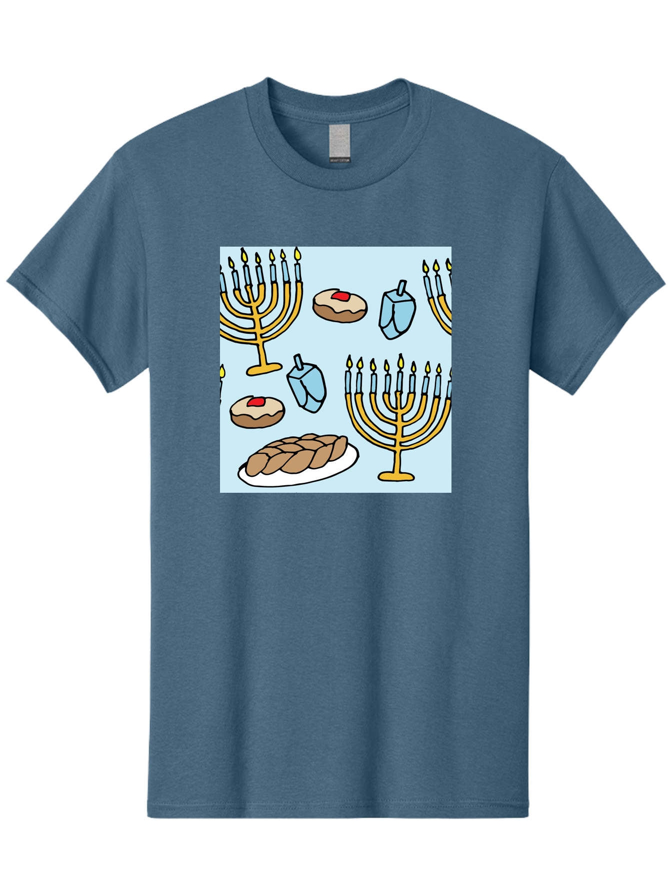 Hanukkah-Symbols Men'S Graphic Tee, 100% Cotton, Comfortable Casual Summer Wear, Machine Washable, Menorahs With Lit Candles, Sufganiyot Jelly Donuts, Dreidels, Challah Bread, Hanukkah Traditions, Jewish Holiday, Festive Food, - Aaa910