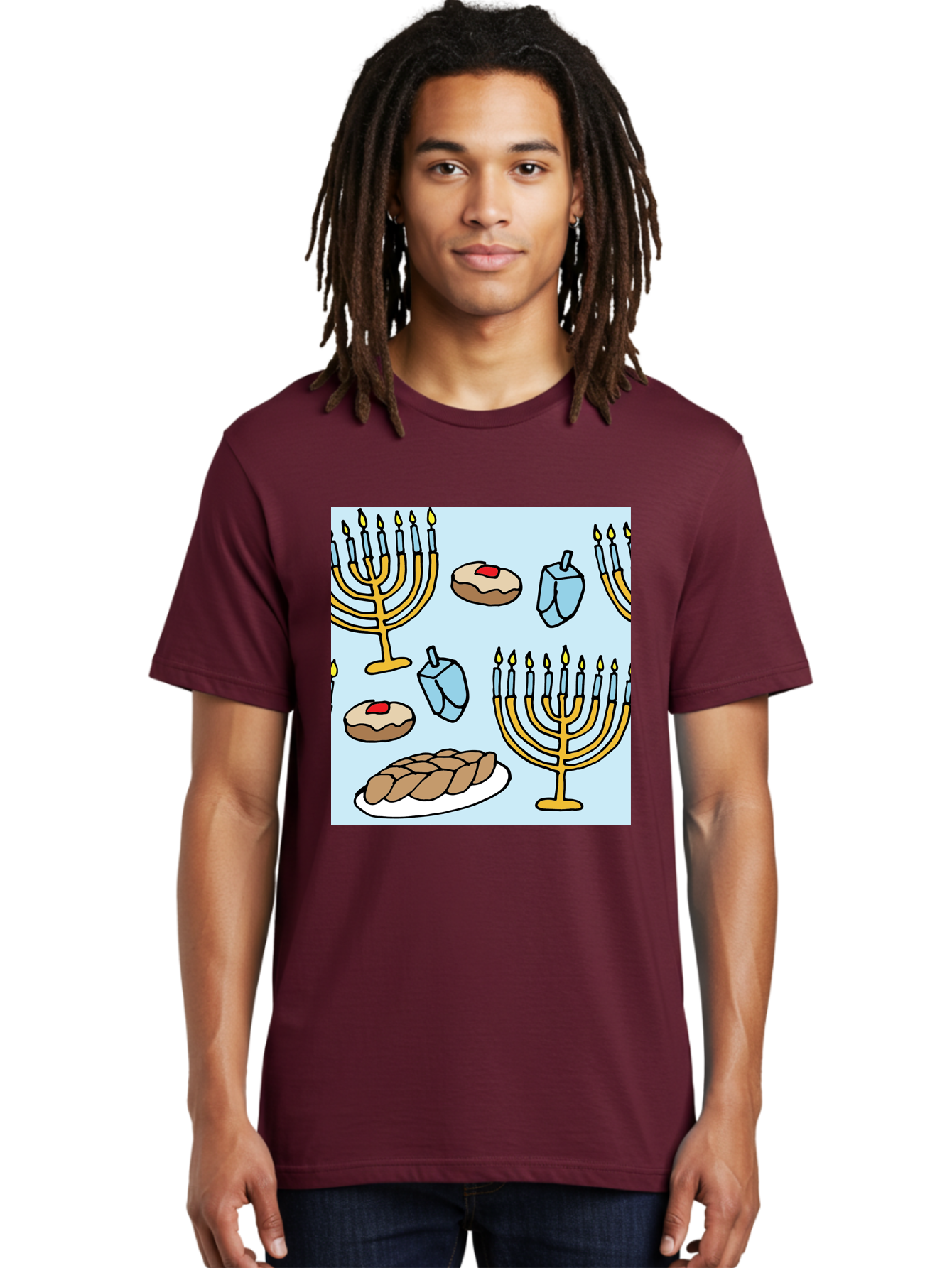 Hanukkah-Symbols Men'S Graphic Tee, 100% Cotton, Comfortable Casual Summer Wear, Machine Washable, Menorahs With Lit Candles, Sufganiyot Jelly Donuts, Dreidels, Challah Bread, Hanukkah Traditions, Jewish Holiday, Festive Food, - Aaa910