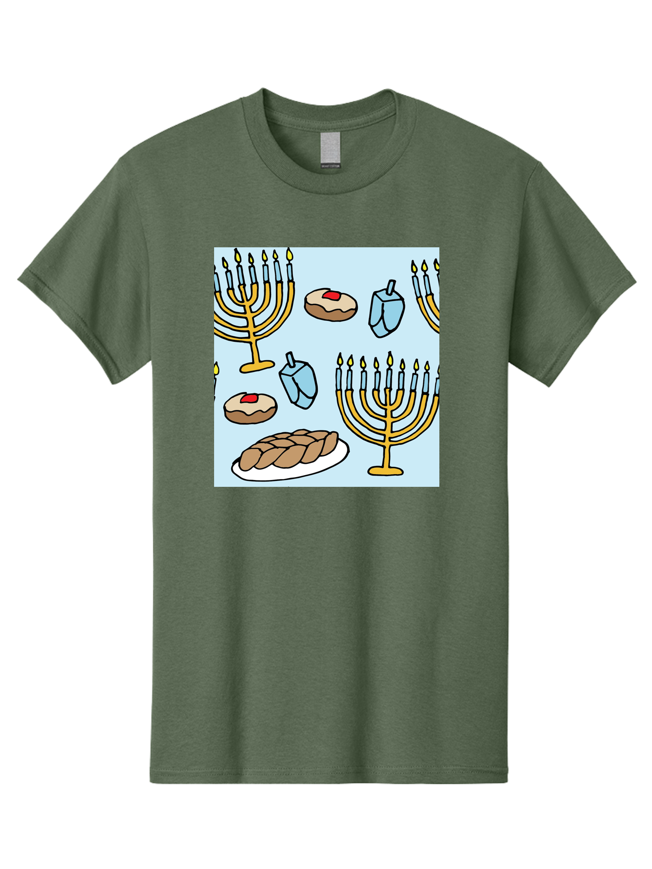 Hanukkah-Symbols Men'S Graphic Tee, 100% Cotton, Comfortable Casual Summer Wear, Machine Washable, Menorahs With Lit Candles, Sufganiyot Jelly Donuts, Dreidels, Challah Bread, Hanukkah Traditions, Jewish Holiday, Festive Food, - Aaa910