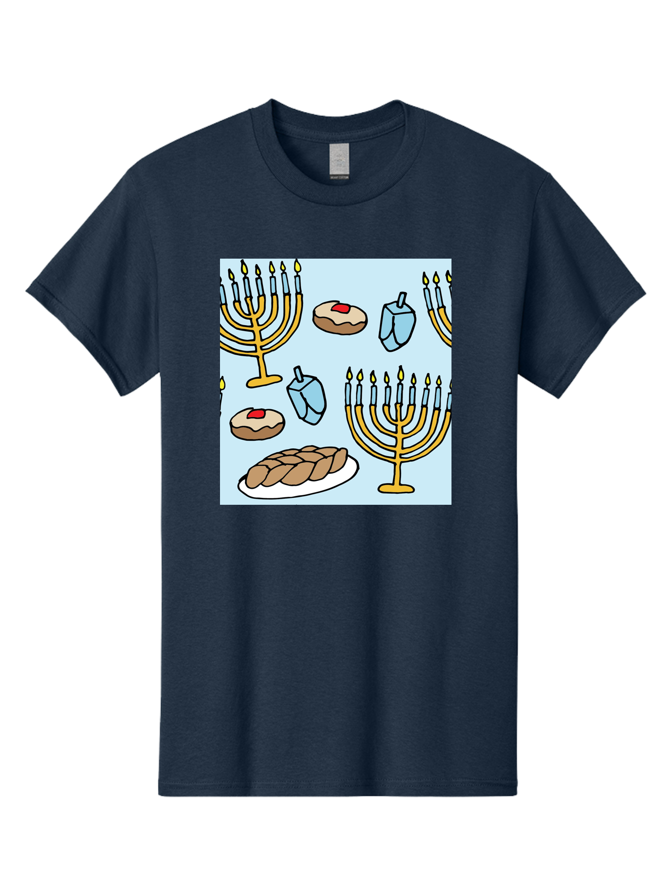 Hanukkah-Symbols Men'S Graphic Tee, 100% Cotton, Comfortable Casual Summer Wear, Machine Washable, Menorahs With Lit Candles, Sufganiyot Jelly Donuts, Dreidels, Challah Bread, Hanukkah Traditions, Jewish Holiday, Festive Food, - Aaa910