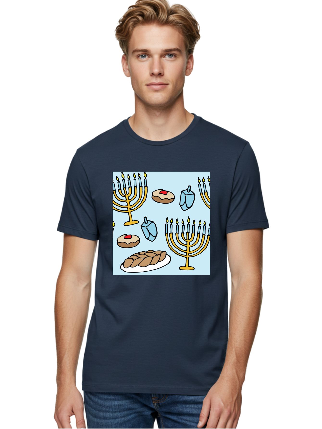 Hanukkah-Symbols Men'S Graphic Tee, 100% Cotton, Comfortable Casual Summer Wear, Machine Washable, Menorahs With Lit Candles, Sufganiyot Jelly Donuts, Dreidels, Challah Bread, Hanukkah Traditions, Jewish Holiday, Festive Food, - Aaa910