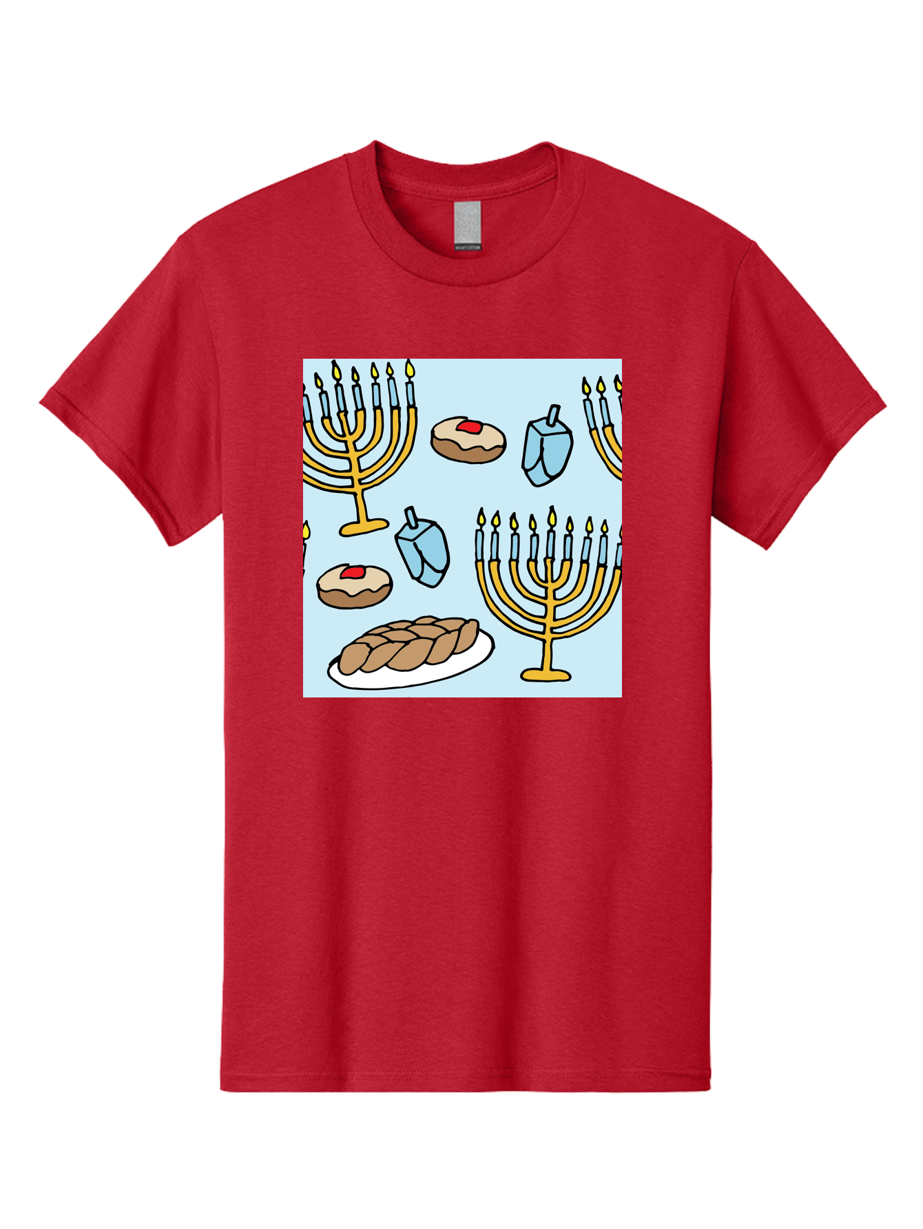 Hanukkah-Symbols Men'S Graphic Tee, 100% Cotton, Comfortable Casual Summer Wear, Machine Washable, Menorahs With Lit Candles, Sufganiyot Jelly Donuts, Dreidels, Challah Bread, Hanukkah Traditions, Jewish Holiday, Festive Food, - Aaa910