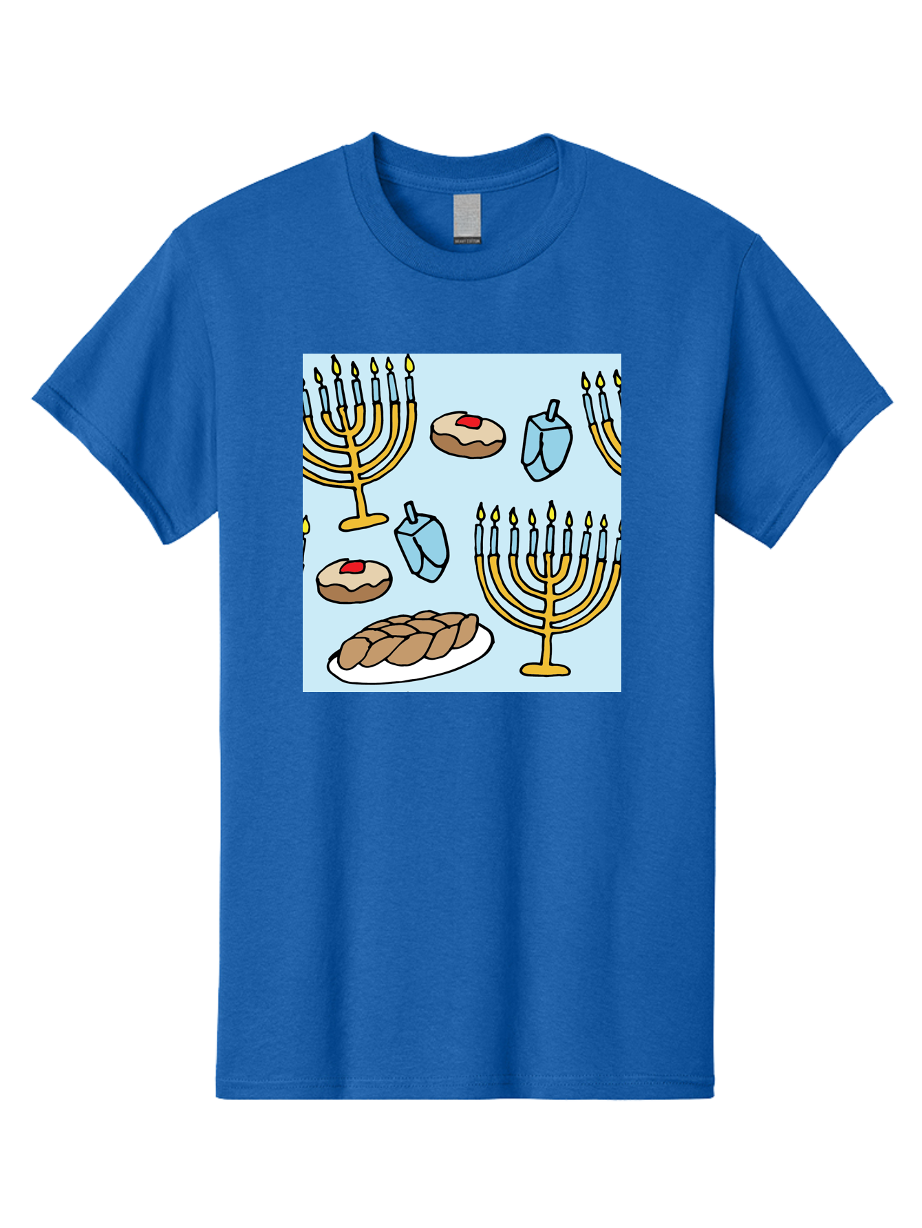 Hanukkah-Symbols Men'S Graphic Tee, 100% Cotton, Comfortable Casual Summer Wear, Machine Washable, Menorahs With Lit Candles, Sufganiyot Jelly Donuts, Dreidels, Challah Bread, Hanukkah Traditions, Jewish Holiday, Festive Food, - Aaa910