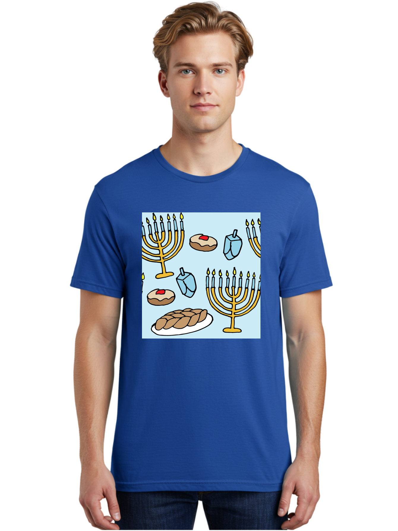 Hanukkah-Symbols Men'S Graphic Tee, 100% Cotton, Comfortable Casual Summer Wear, Machine Washable, Menorahs With Lit Candles, Sufganiyot Jelly Donuts, Dreidels, Challah Bread, Hanukkah Traditions, Jewish Holiday, Festive Food, - Aaa910
