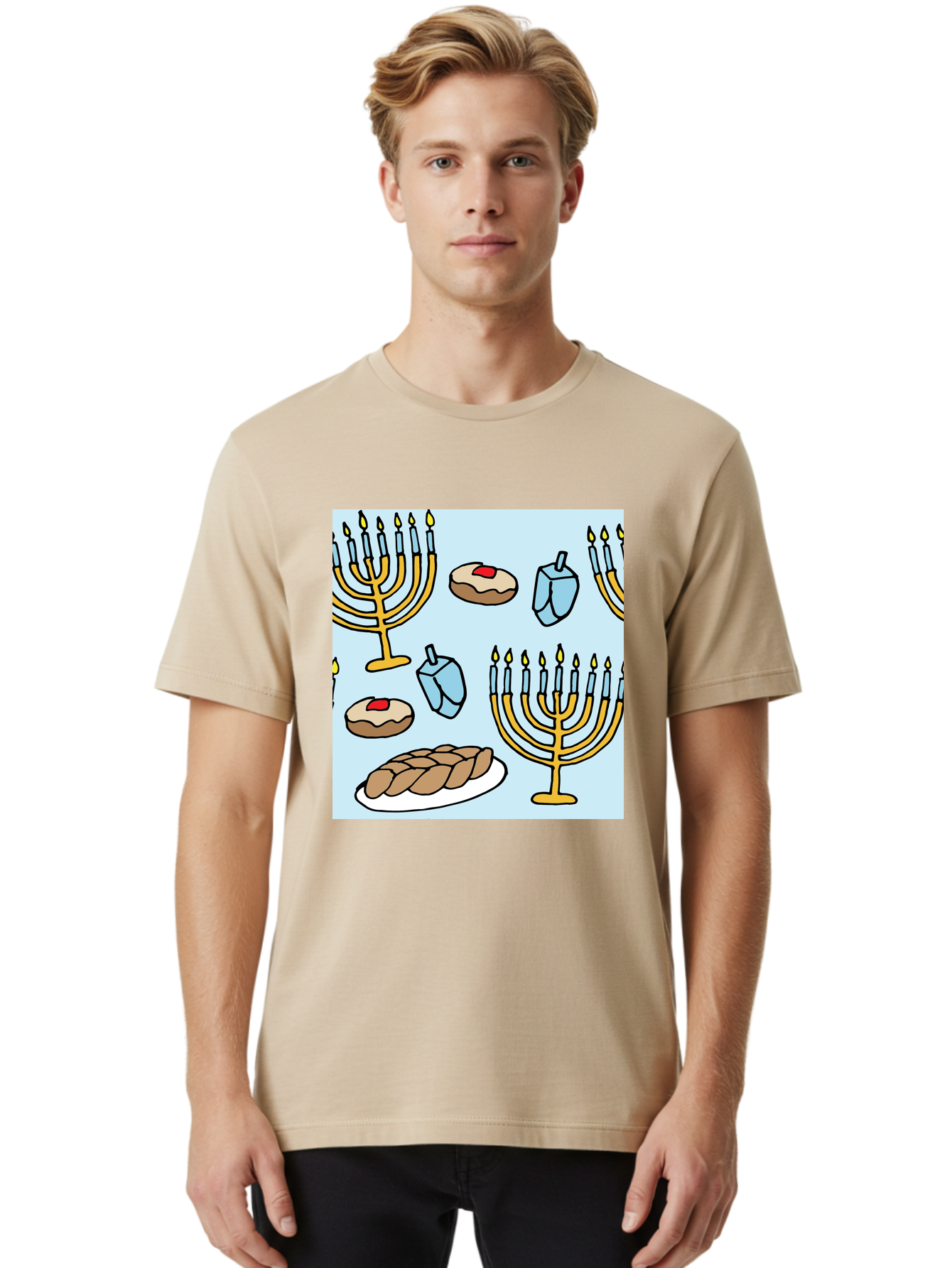 Hanukkah-Symbols Men'S Graphic Tee, 100% Cotton, Comfortable Casual Summer Wear, Machine Washable, Menorahs With Lit Candles, Sufganiyot Jelly Donuts, Dreidels, Challah Bread, Hanukkah Traditions, Jewish Holiday, Festive Food, - Aaa910