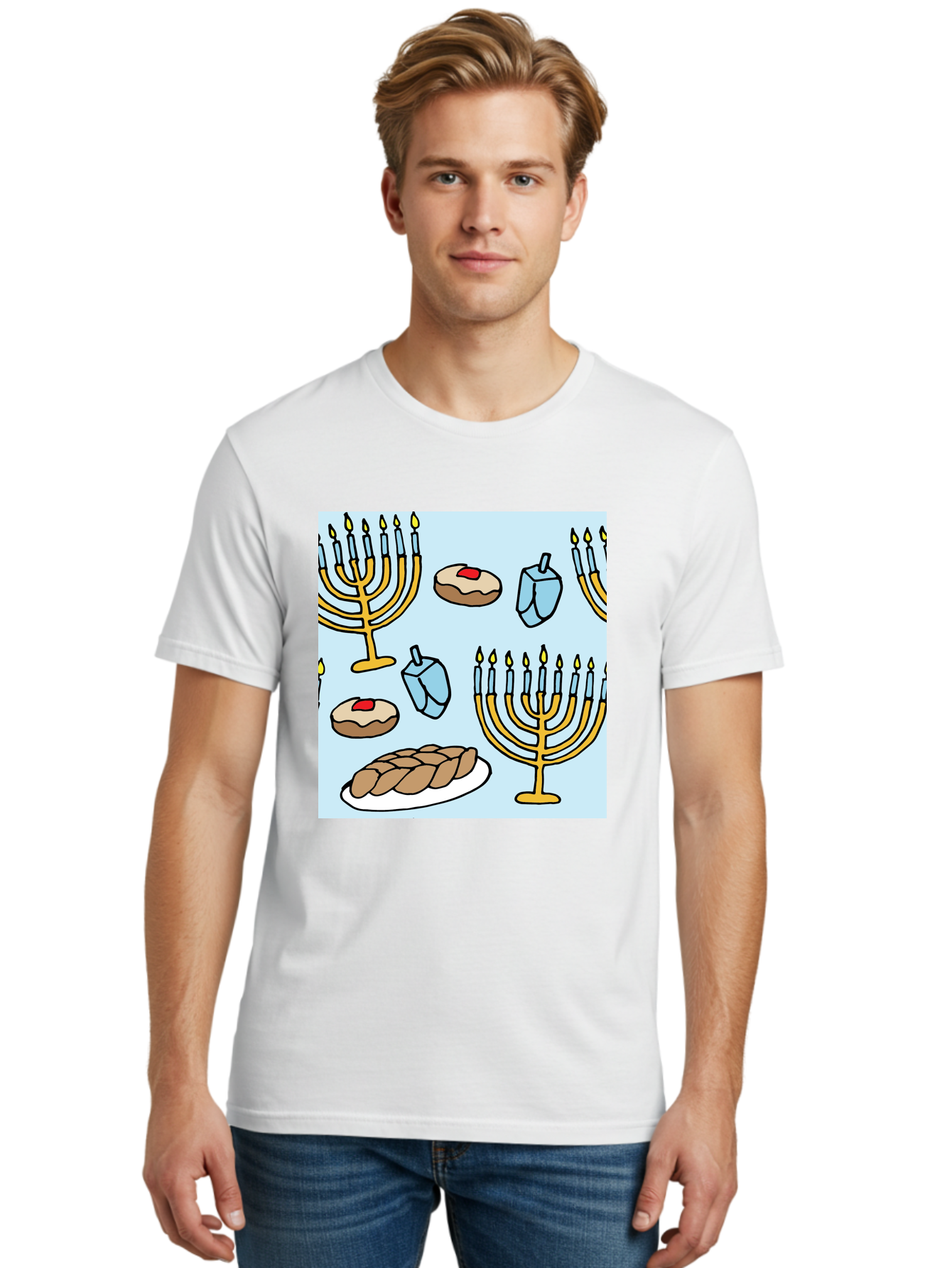 Hanukkah-Symbols Men'S Graphic Tee, 100% Cotton, Comfortable Casual Summer Wear, Machine Washable, Menorahs With Lit Candles, Sufganiyot Jelly Donuts, Dreidels, Challah Bread, Hanukkah Traditions, Jewish Holiday, Festive Food, - Aaa910