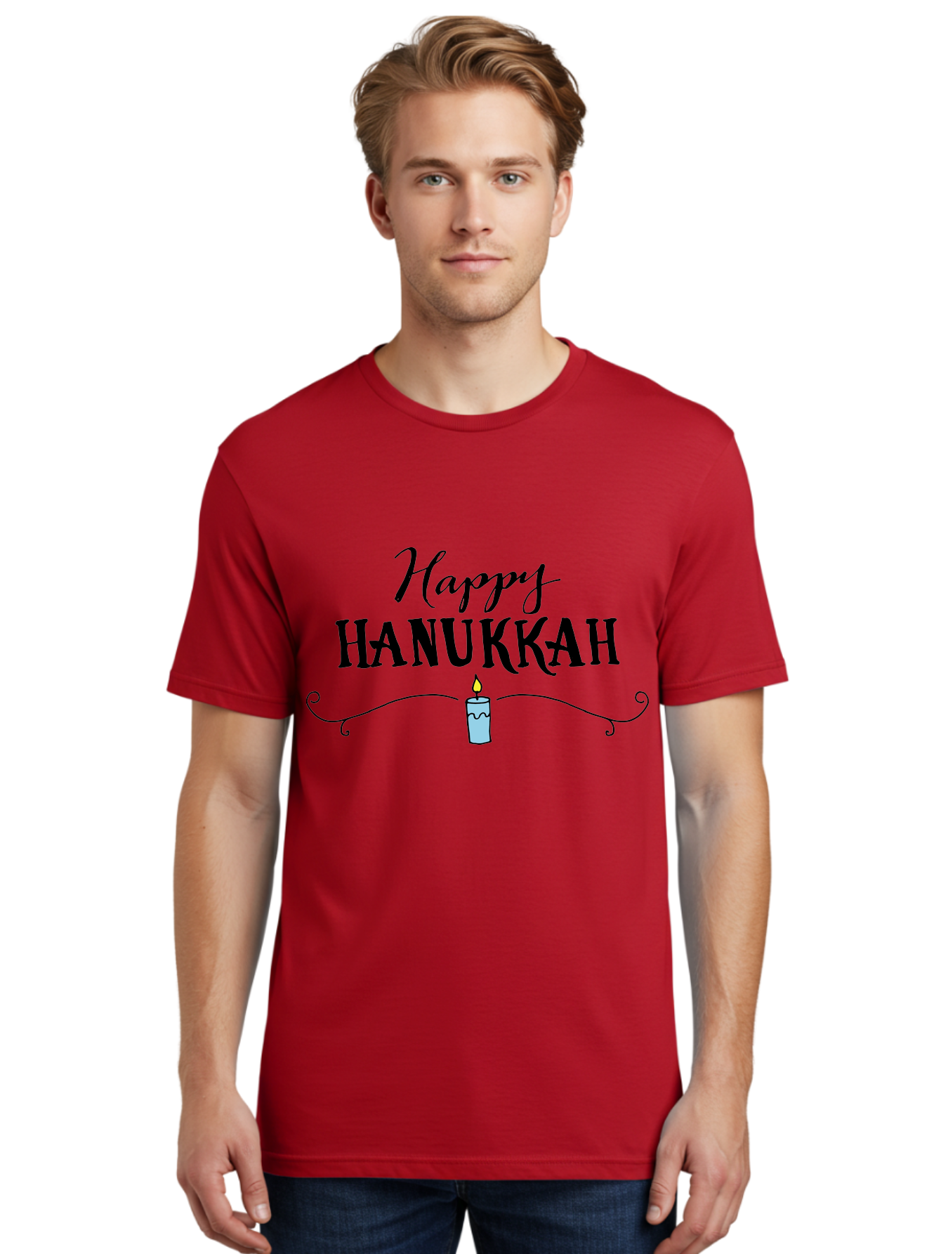 Happy-Hanukkah Men'S Graphic Tee, 100% Cotton, Comfortable Casual Summer Wear, Machine Washable, Happy Hanukkah, Hanukkah Candle, Menorah Candle, Jewish Holiday, Festive Greeting, Traditional Celebration, Holiday Wishes, Menorah Traditions - Aaa912
