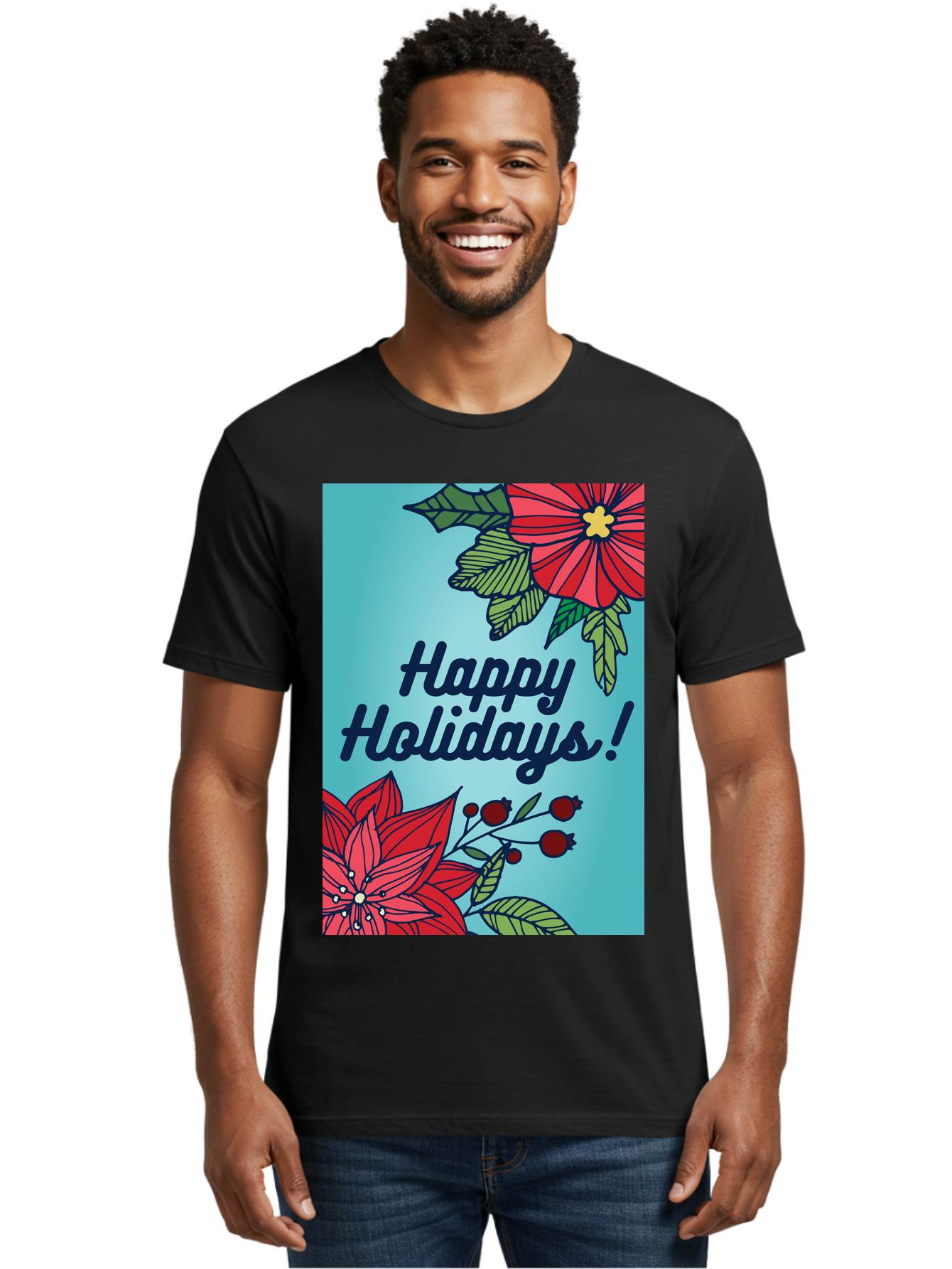 Happy-Holidays-5 Men'S Graphic Tee, 100% Cotton, Comfortable Casual Summer Wear, Machine Washable, Happy Holidays, Red Poinsettias, Festive Flowers, Holiday Cheer, Seasonal Greetings, Red Berries, Holly Leaves, Dark Blue Text, - Aaa917