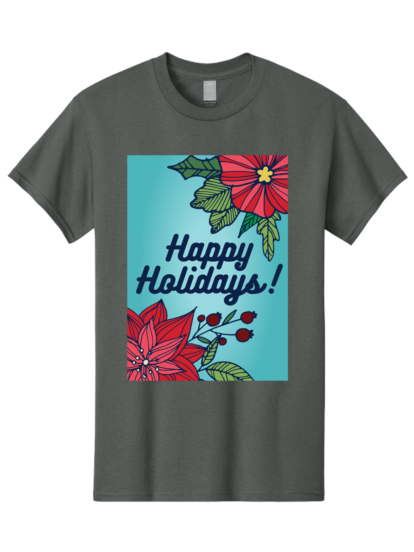 Happy-Holidays-5 Men'S Graphic Tee, 100% Cotton, Comfortable Casual Summer Wear, Machine Washable, Happy Holidays, Red Poinsettias, Festive Flowers, Holiday Cheer, Seasonal Greetings, Red Berries, Holly Leaves, Dark Blue Text, - Aaa917