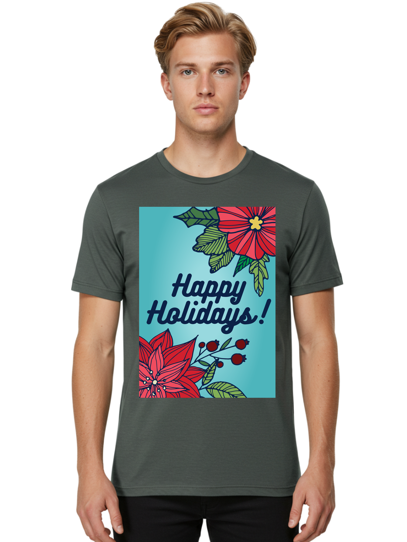Happy-Holidays-5 Men'S Graphic Tee, 100% Cotton, Comfortable Casual Summer Wear, Machine Washable, Happy Holidays, Red Poinsettias, Festive Flowers, Holiday Cheer, Seasonal Greetings, Red Berries, Holly Leaves, Dark Blue Text, - Aaa917