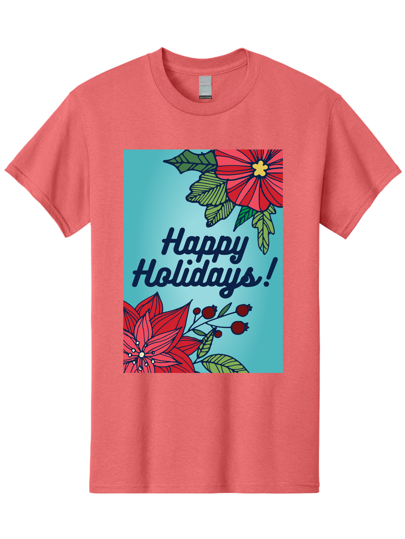 Happy-Holidays-5 Men'S Graphic Tee, 100% Cotton, Comfortable Casual Summer Wear, Machine Washable, Happy Holidays, Red Poinsettias, Festive Flowers, Holiday Cheer, Seasonal Greetings, Red Berries, Holly Leaves, Dark Blue Text, - Aaa917