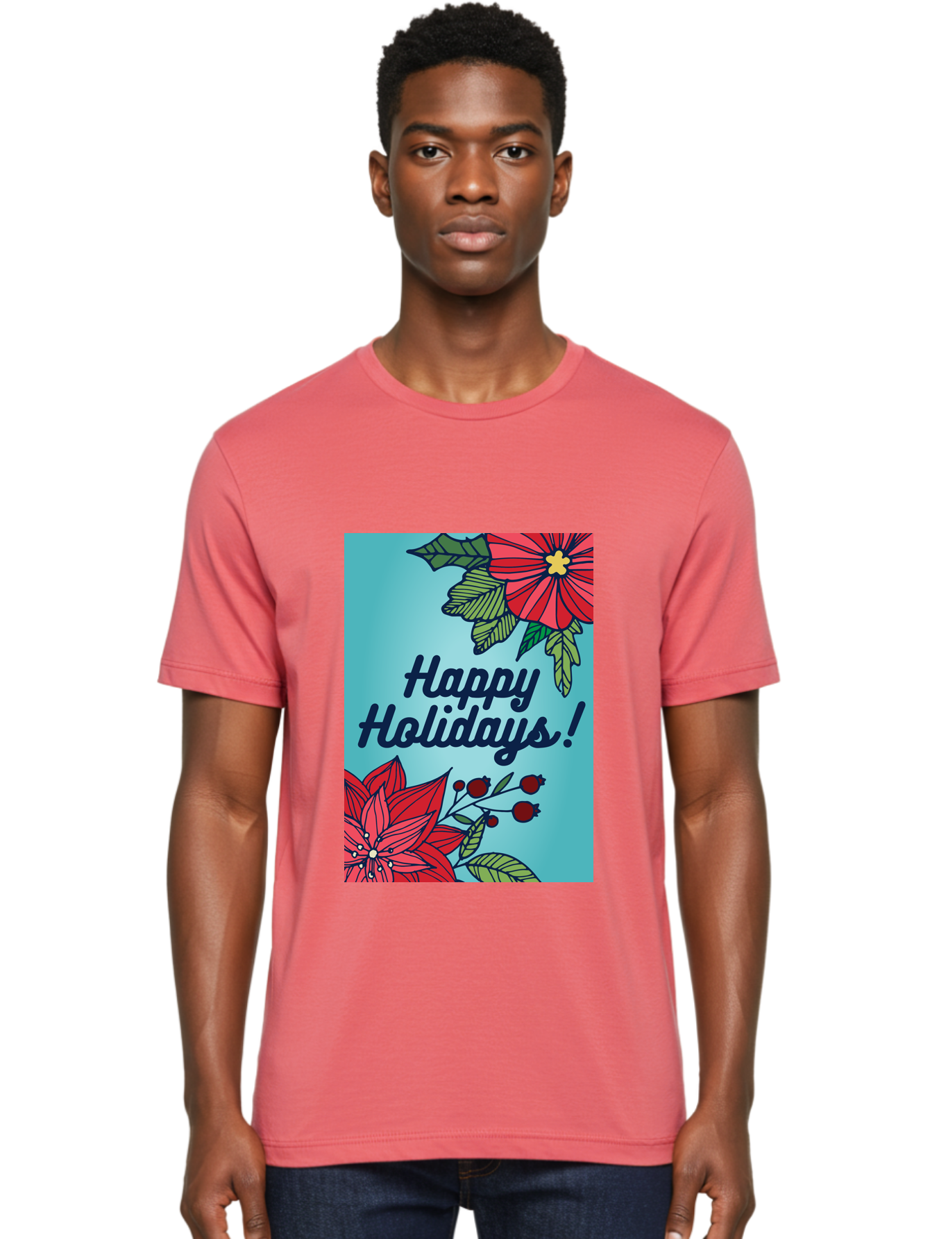 Happy-Holidays-5 Men'S Graphic Tee, 100% Cotton, Comfortable Casual Summer Wear, Machine Washable, Happy Holidays, Red Poinsettias, Festive Flowers, Holiday Cheer, Seasonal Greetings, Red Berries, Holly Leaves, Dark Blue Text, - Aaa917