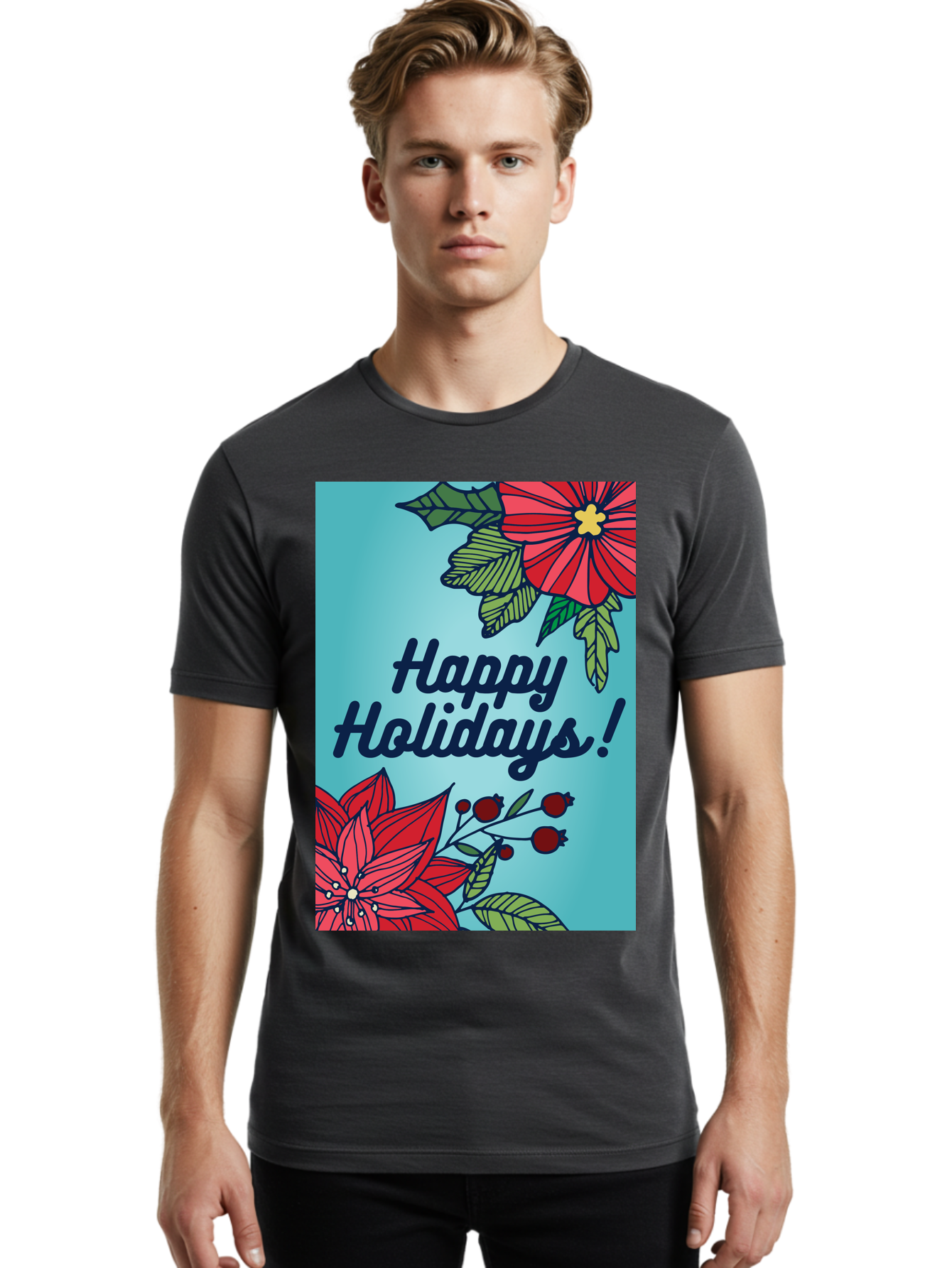 Happy-Holidays-5 Men'S Graphic Tee, 100% Cotton, Comfortable Casual Summer Wear, Machine Washable, Happy Holidays, Red Poinsettias, Festive Flowers, Holiday Cheer, Seasonal Greetings, Red Berries, Holly Leaves, Dark Blue Text, - Aaa917