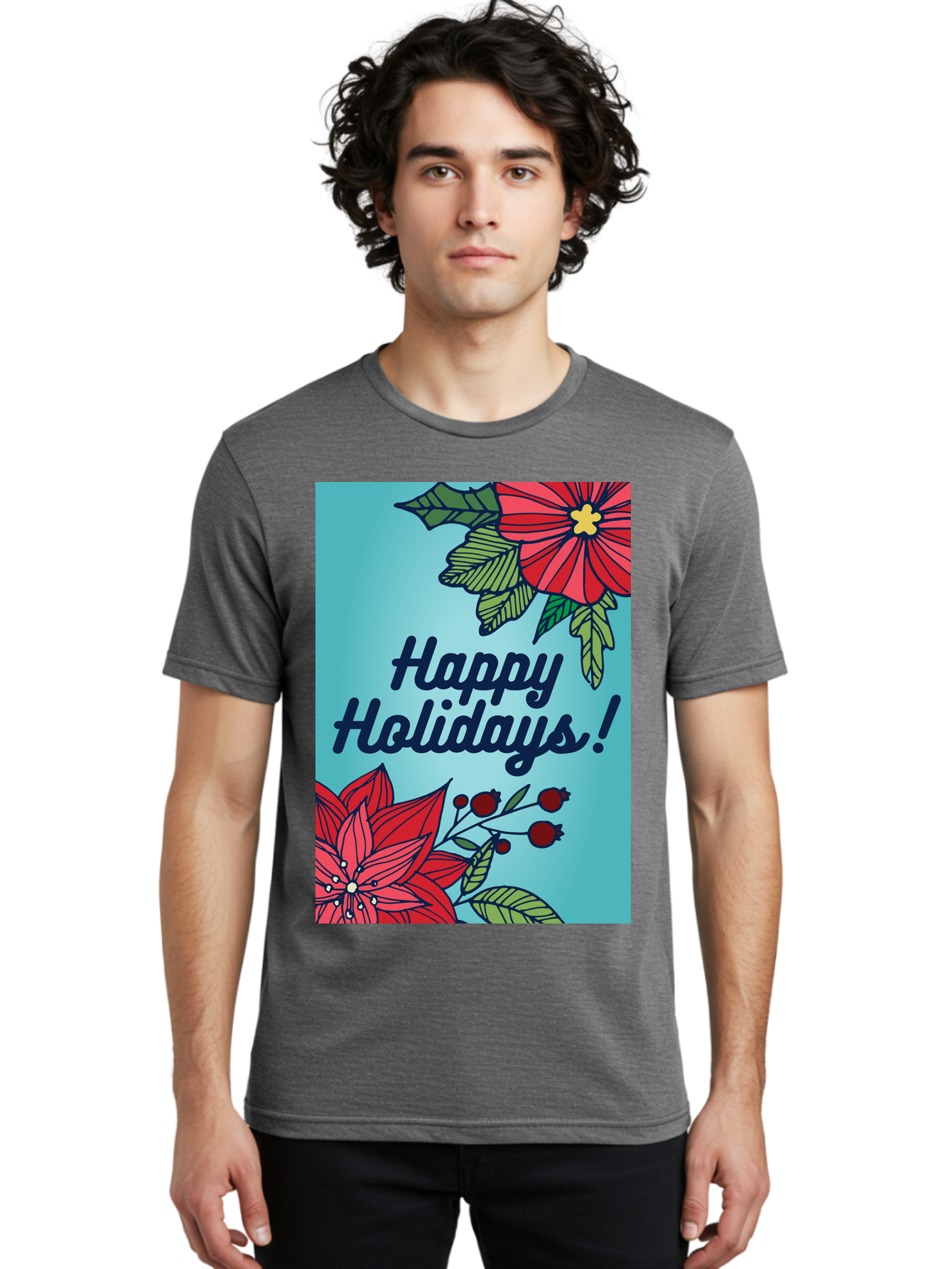 Happy-Holidays-5 Men'S Graphic Tee, 100% Cotton, Comfortable Casual Summer Wear, Machine Washable, Happy Holidays, Red Poinsettias, Festive Flowers, Holiday Cheer, Seasonal Greetings, Red Berries, Holly Leaves, Dark Blue Text, - Aaa917