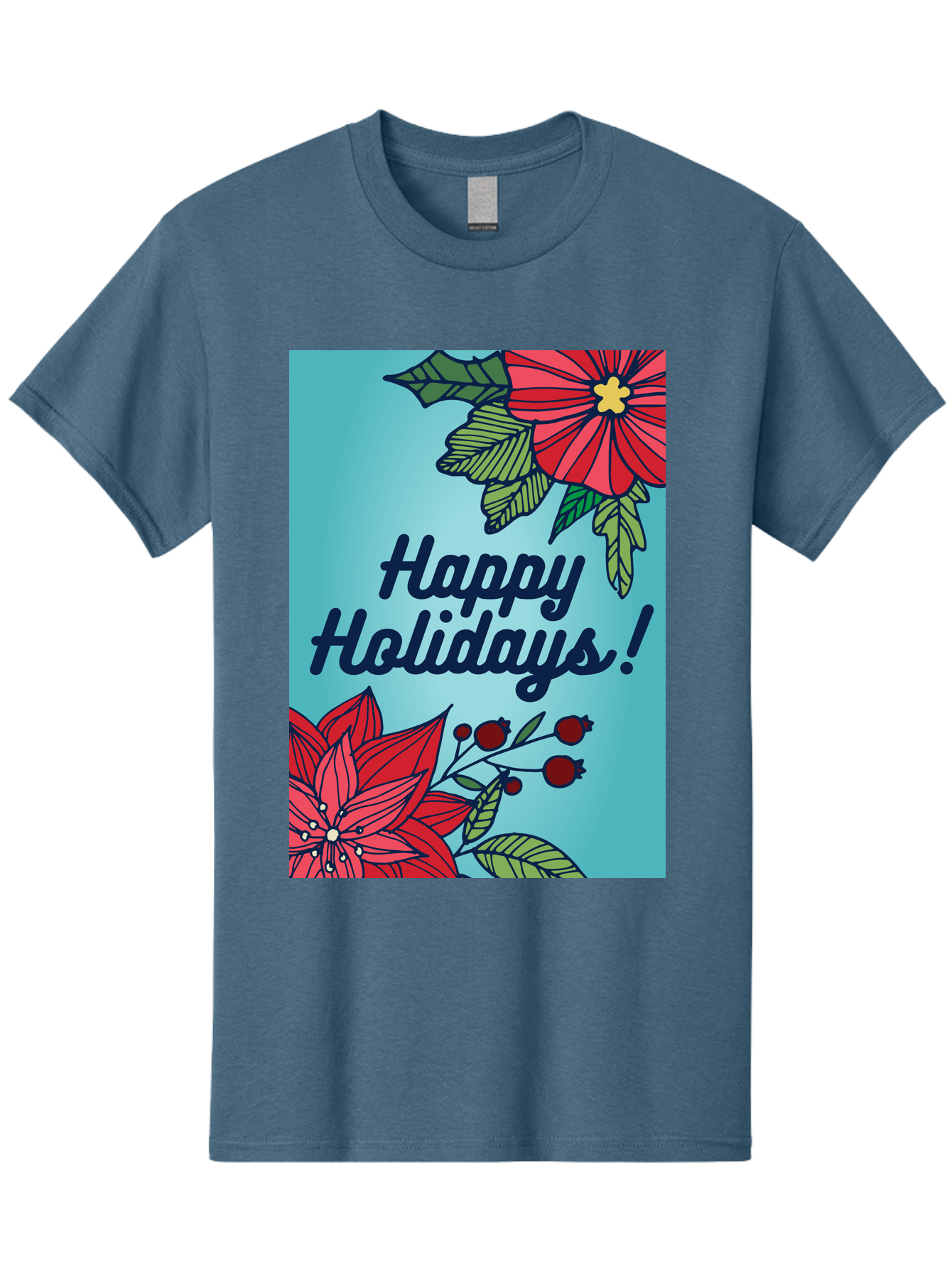Happy-Holidays-5 Men'S Graphic Tee, 100% Cotton, Comfortable Casual Summer Wear, Machine Washable, Happy Holidays, Red Poinsettias, Festive Flowers, Holiday Cheer, Seasonal Greetings, Red Berries, Holly Leaves, Dark Blue Text, - Aaa917