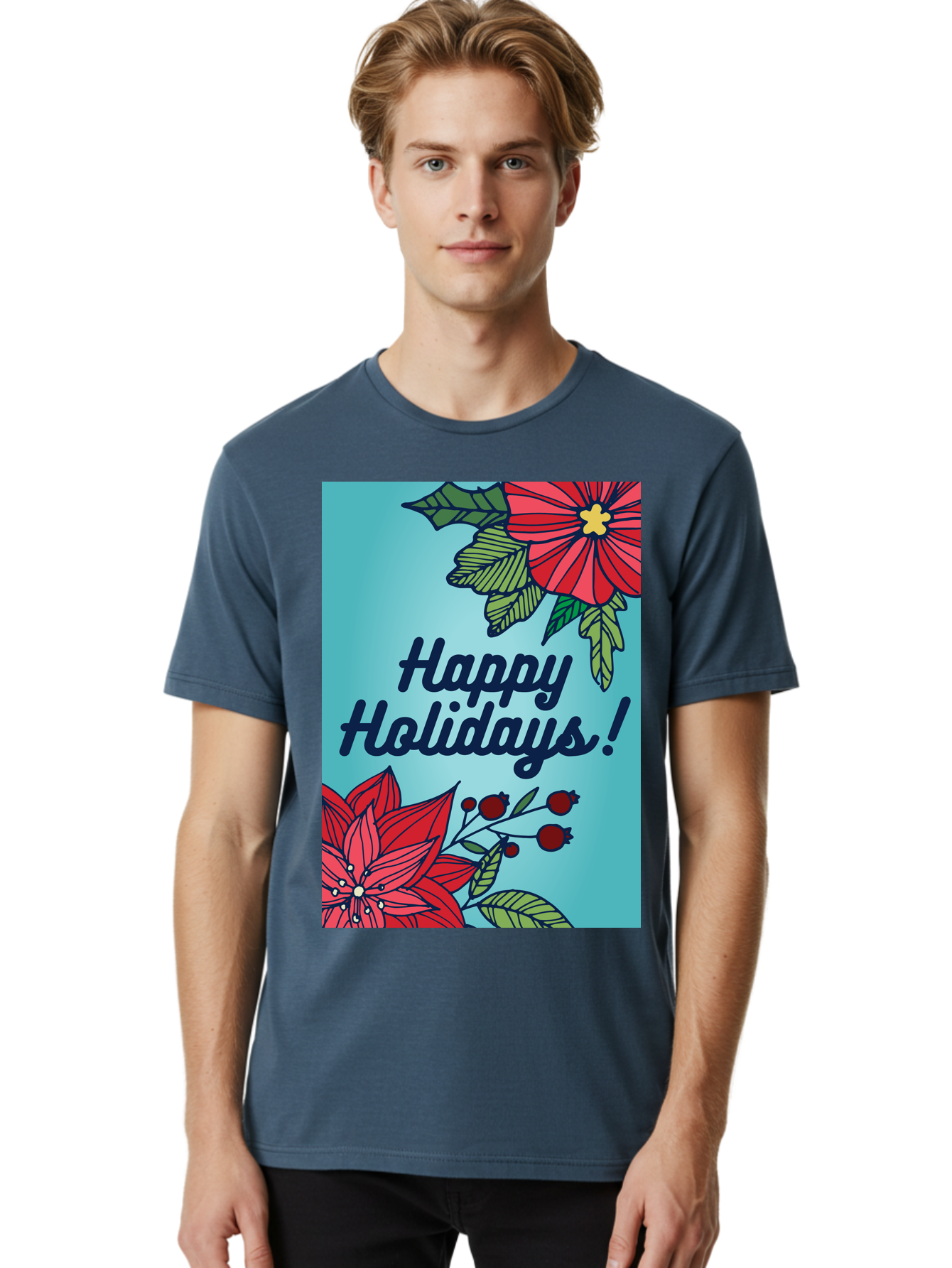 Happy-Holidays-5 Men'S Graphic Tee, 100% Cotton, Comfortable Casual Summer Wear, Machine Washable, Happy Holidays, Red Poinsettias, Festive Flowers, Holiday Cheer, Seasonal Greetings, Red Berries, Holly Leaves, Dark Blue Text, - Aaa917