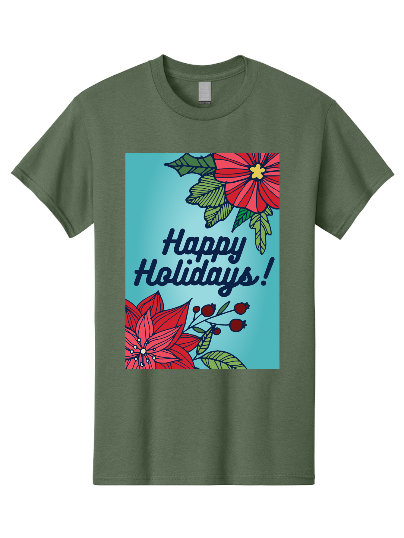Happy-Holidays-5 Men'S Graphic Tee, 100% Cotton, Comfortable Casual Summer Wear, Machine Washable, Happy Holidays, Red Poinsettias, Festive Flowers, Holiday Cheer, Seasonal Greetings, Red Berries, Holly Leaves, Dark Blue Text, - Aaa917