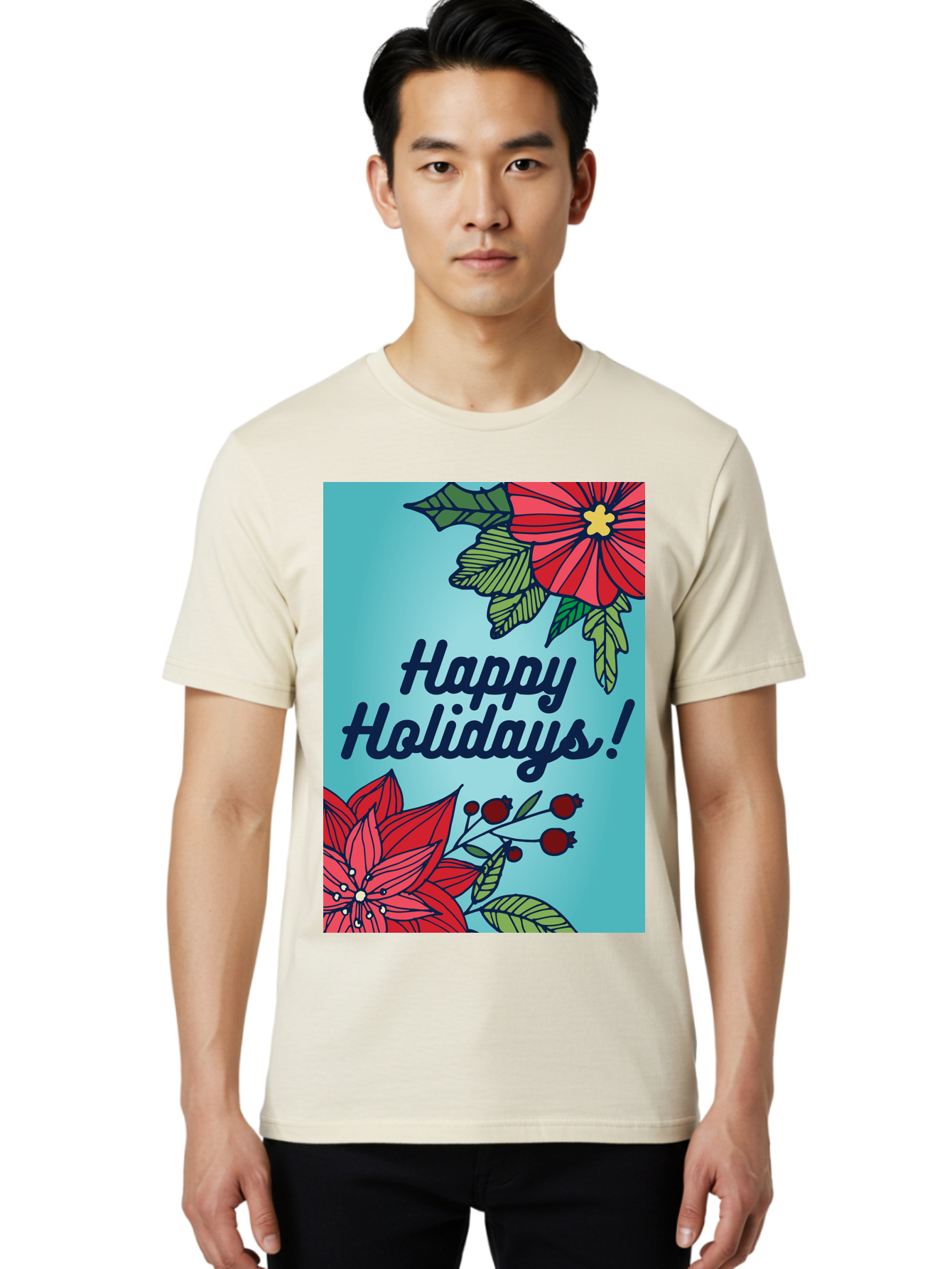 Happy-Holidays-5 Men'S Graphic Tee, 100% Cotton, Comfortable Casual Summer Wear, Machine Washable, Happy Holidays, Red Poinsettias, Festive Flowers, Holiday Cheer, Seasonal Greetings, Red Berries, Holly Leaves, Dark Blue Text, - Aaa917