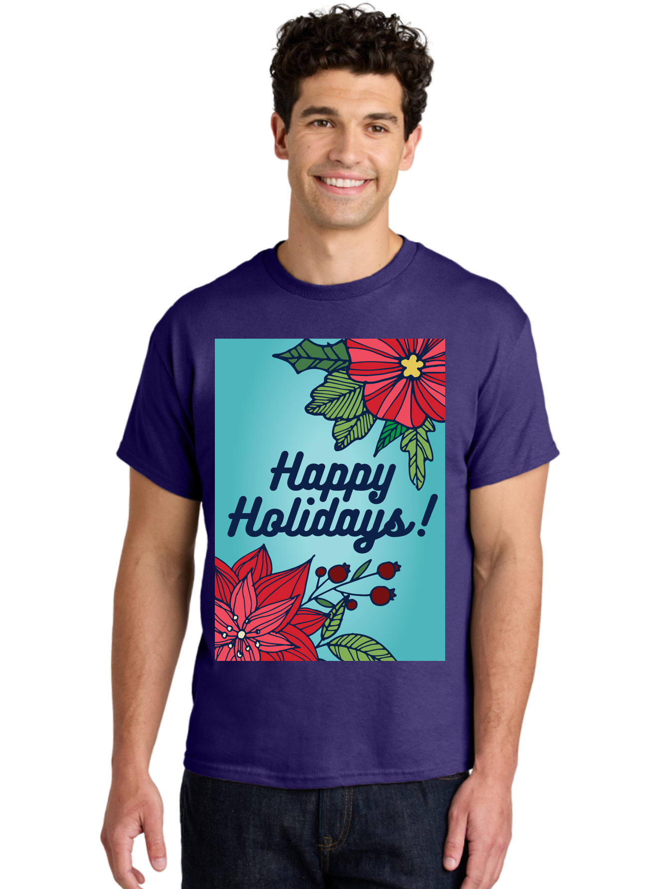 Happy-Holidays-5 Men'S Graphic Tee, 100% Cotton, Comfortable Casual Summer Wear, Machine Washable, Happy Holidays, Red Poinsettias, Festive Flowers, Holiday Cheer, Seasonal Greetings, Red Berries, Holly Leaves, Dark Blue Text, - Aaa917