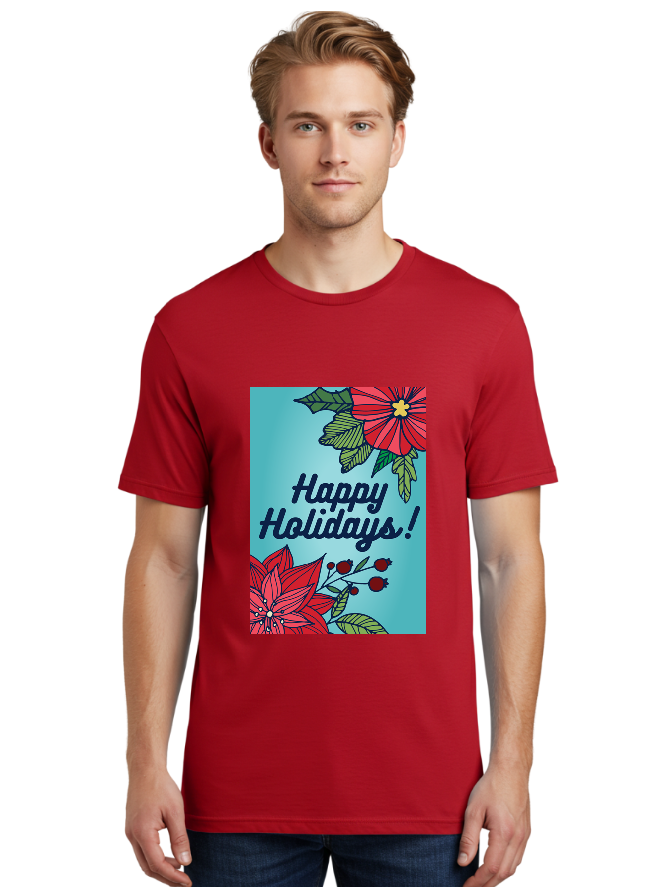 Happy-Holidays-5 Men'S Graphic Tee, 100% Cotton, Comfortable Casual Summer Wear, Machine Washable, Happy Holidays, Red Poinsettias, Festive Flowers, Holiday Cheer, Seasonal Greetings, Red Berries, Holly Leaves, Dark Blue Text, - Aaa917