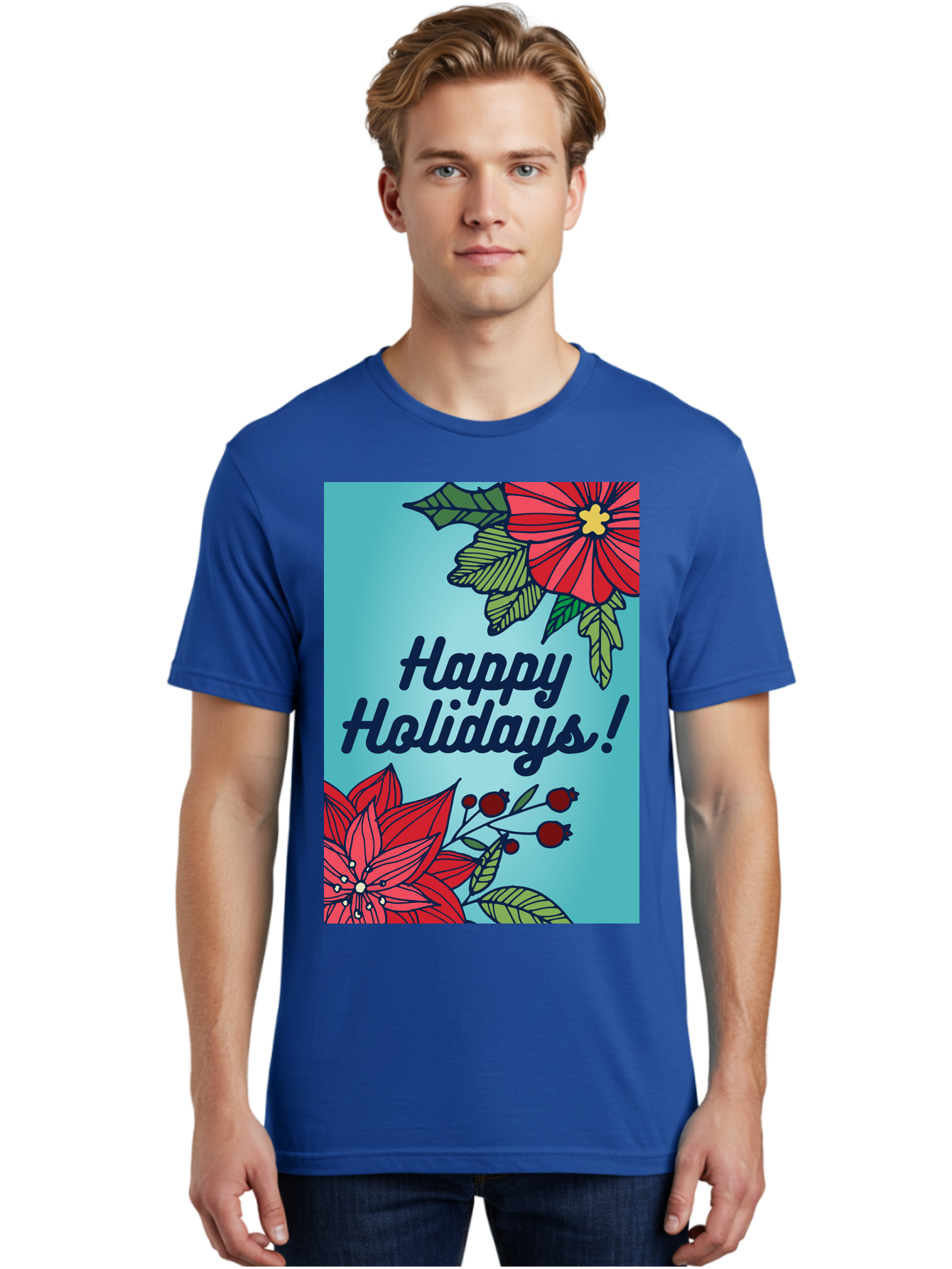 Happy-Holidays-5 Men'S Graphic Tee, 100% Cotton, Comfortable Casual Summer Wear, Machine Washable, Happy Holidays, Red Poinsettias, Festive Flowers, Holiday Cheer, Seasonal Greetings, Red Berries, Holly Leaves, Dark Blue Text, - Aaa917