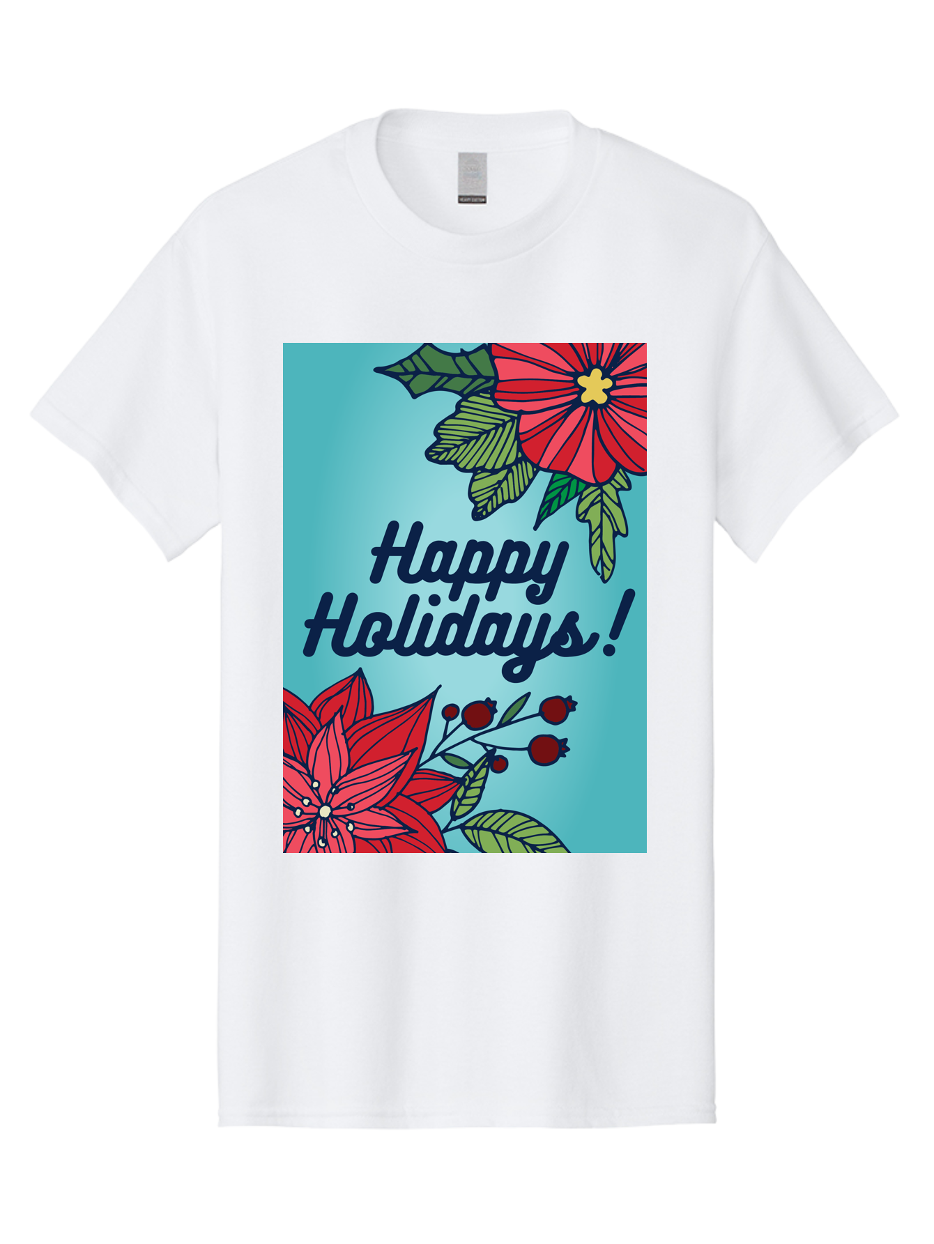 Happy-Holidays-5 Men'S Graphic Tee, 100% Cotton, Comfortable Casual Summer Wear, Machine Washable, Happy Holidays, Red Poinsettias, Festive Flowers, Holiday Cheer, Seasonal Greetings, Red Berries, Holly Leaves, Dark Blue Text, - Aaa917