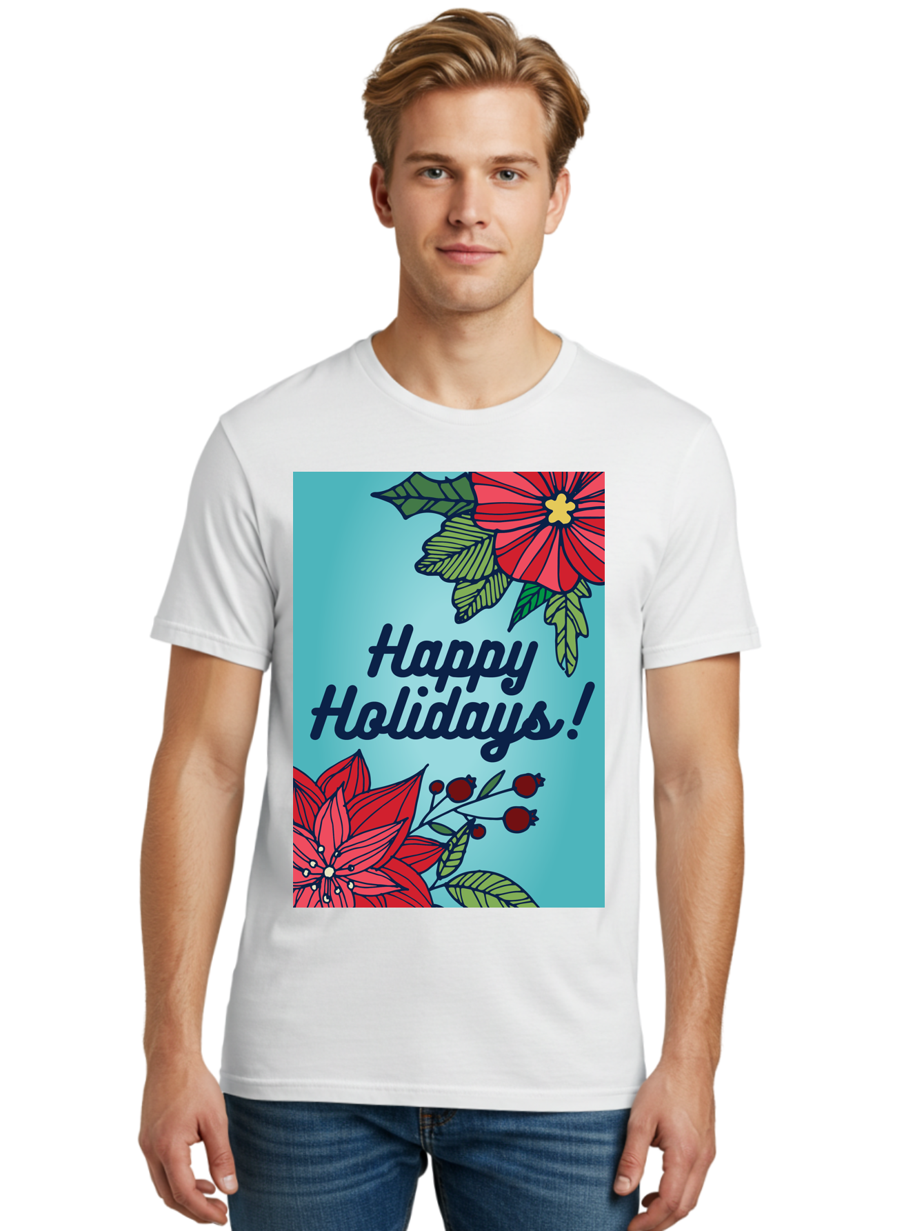 Happy-Holidays-5 Men'S Graphic Tee, 100% Cotton, Comfortable Casual Summer Wear, Machine Washable, Happy Holidays, Red Poinsettias, Festive Flowers, Holiday Cheer, Seasonal Greetings, Red Berries, Holly Leaves, Dark Blue Text, - Aaa917