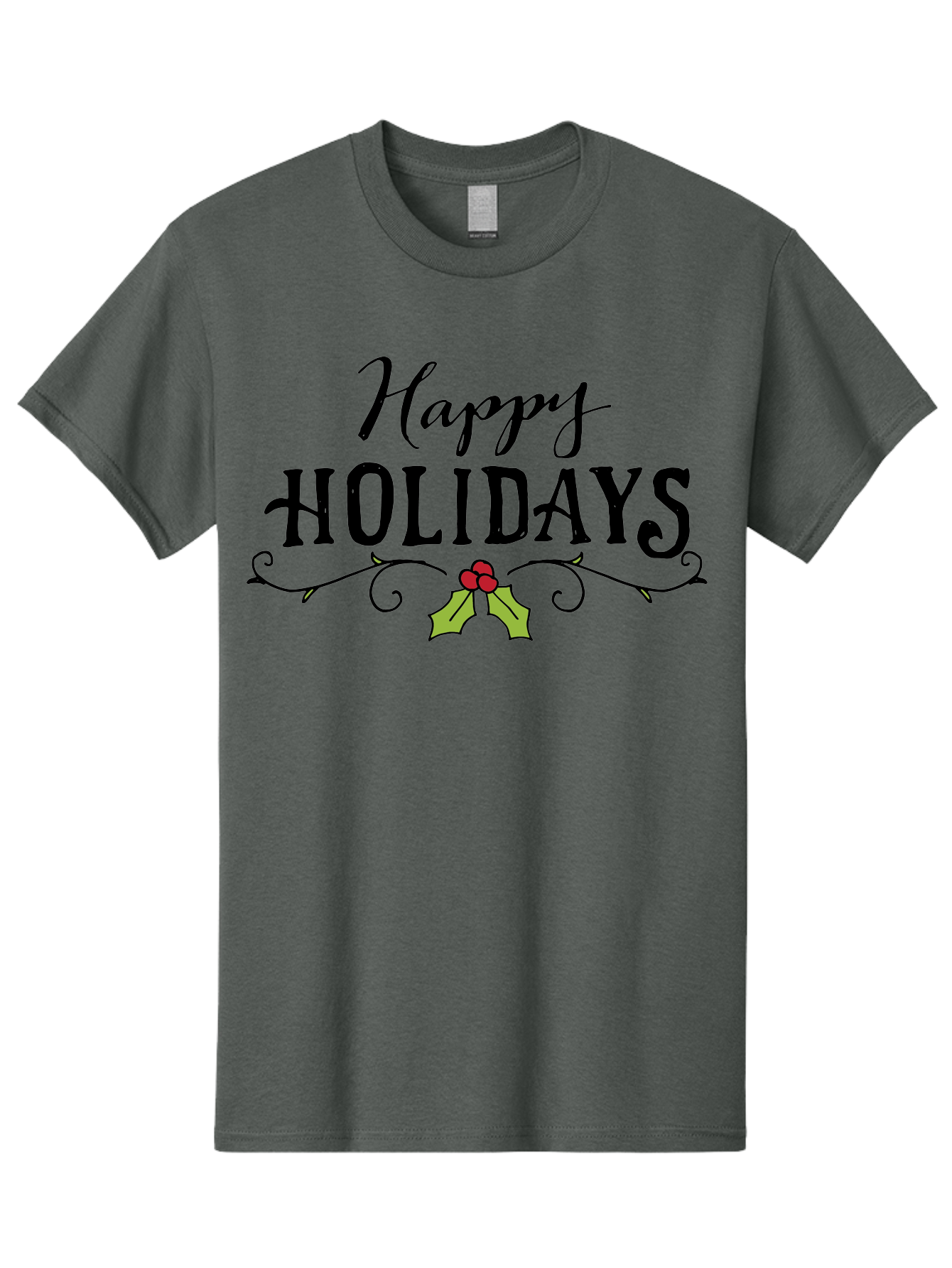 Happy-Holidays-6 Men'S Graphic Tee, 100% Cotton, Comfortable Casual Summer Wear, Machine Washable, Happy Holidays, Holiday Cheer, Festive Season, Holly Leaves, Red Berries, Black Script, Vintage Typography, Christmas Greetings, - Aaa918