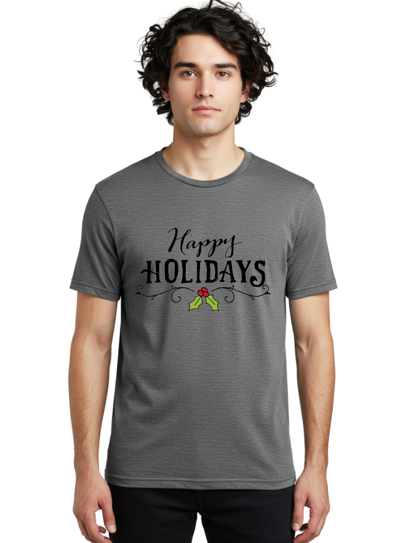 Happy-Holidays-6 Men'S Graphic Tee, 100% Cotton, Comfortable Casual Summer Wear, Machine Washable, Happy Holidays, Holiday Cheer, Festive Season, Holly Leaves, Red Berries, Black Script, Vintage Typography, Christmas Greetings, - Aaa918