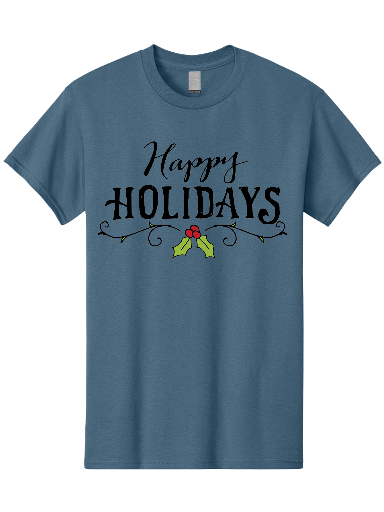 Happy-Holidays-6 Men'S Graphic Tee, 100% Cotton, Comfortable Casual Summer Wear, Machine Washable, Happy Holidays, Holiday Cheer, Festive Season, Holly Leaves, Red Berries, Black Script, Vintage Typography, Christmas Greetings, - Aaa918