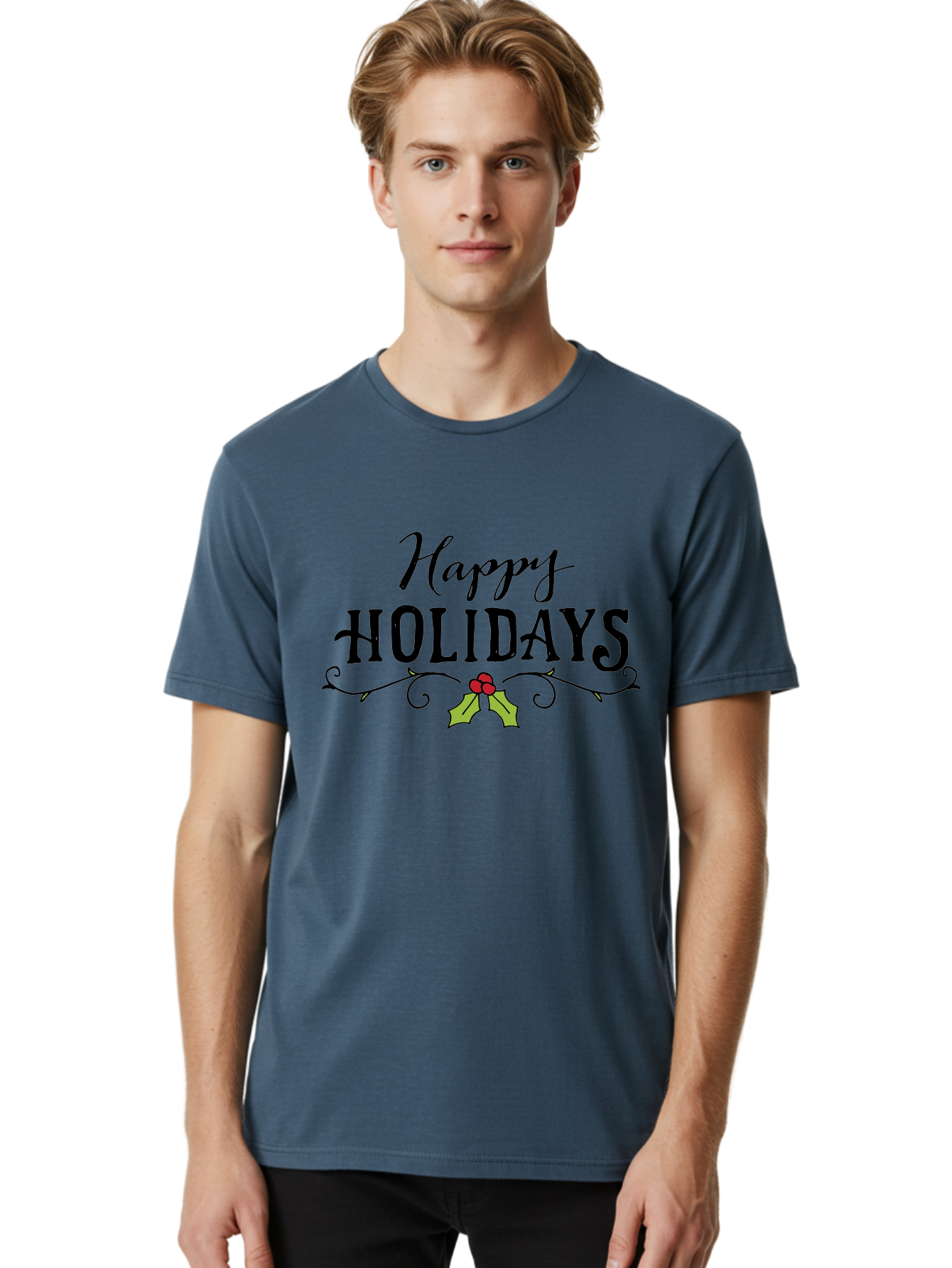Happy-Holidays-6 Men'S Graphic Tee, 100% Cotton, Comfortable Casual Summer Wear, Machine Washable, Happy Holidays, Holiday Cheer, Festive Season, Holly Leaves, Red Berries, Black Script, Vintage Typography, Christmas Greetings, - Aaa918
