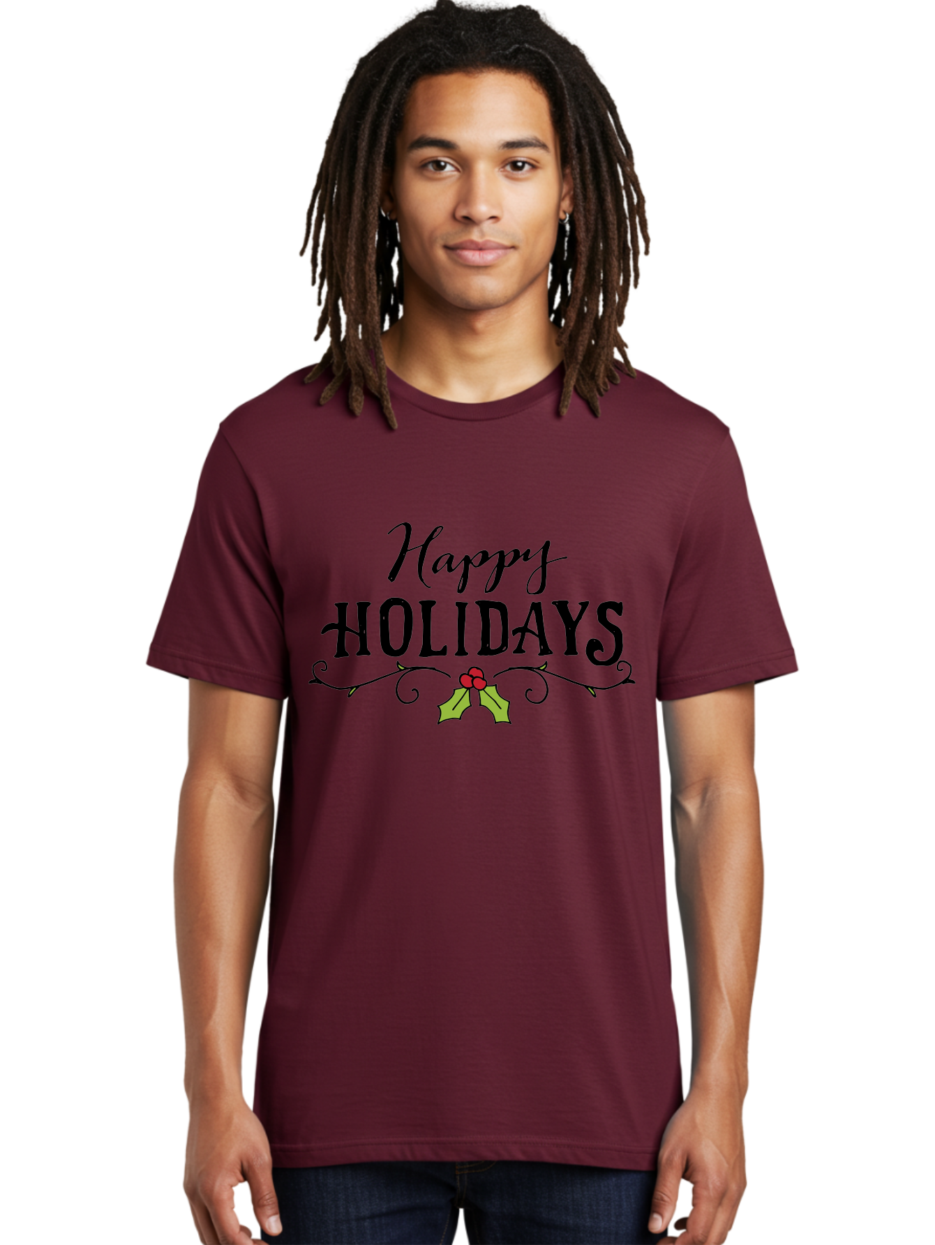 Happy-Holidays-6 Men'S Graphic Tee, 100% Cotton, Comfortable Casual Summer Wear, Machine Washable, Happy Holidays, Holiday Cheer, Festive Season, Holly Leaves, Red Berries, Black Script, Vintage Typography, Christmas Greetings, - Aaa918