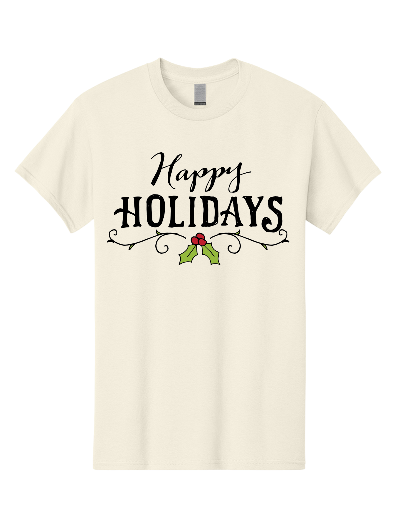 Happy-Holidays-6 Men'S Graphic Tee, 100% Cotton, Comfortable Casual Summer Wear, Machine Washable, Happy Holidays, Holiday Cheer, Festive Season, Holly Leaves, Red Berries, Black Script, Vintage Typography, Christmas Greetings, - Aaa918