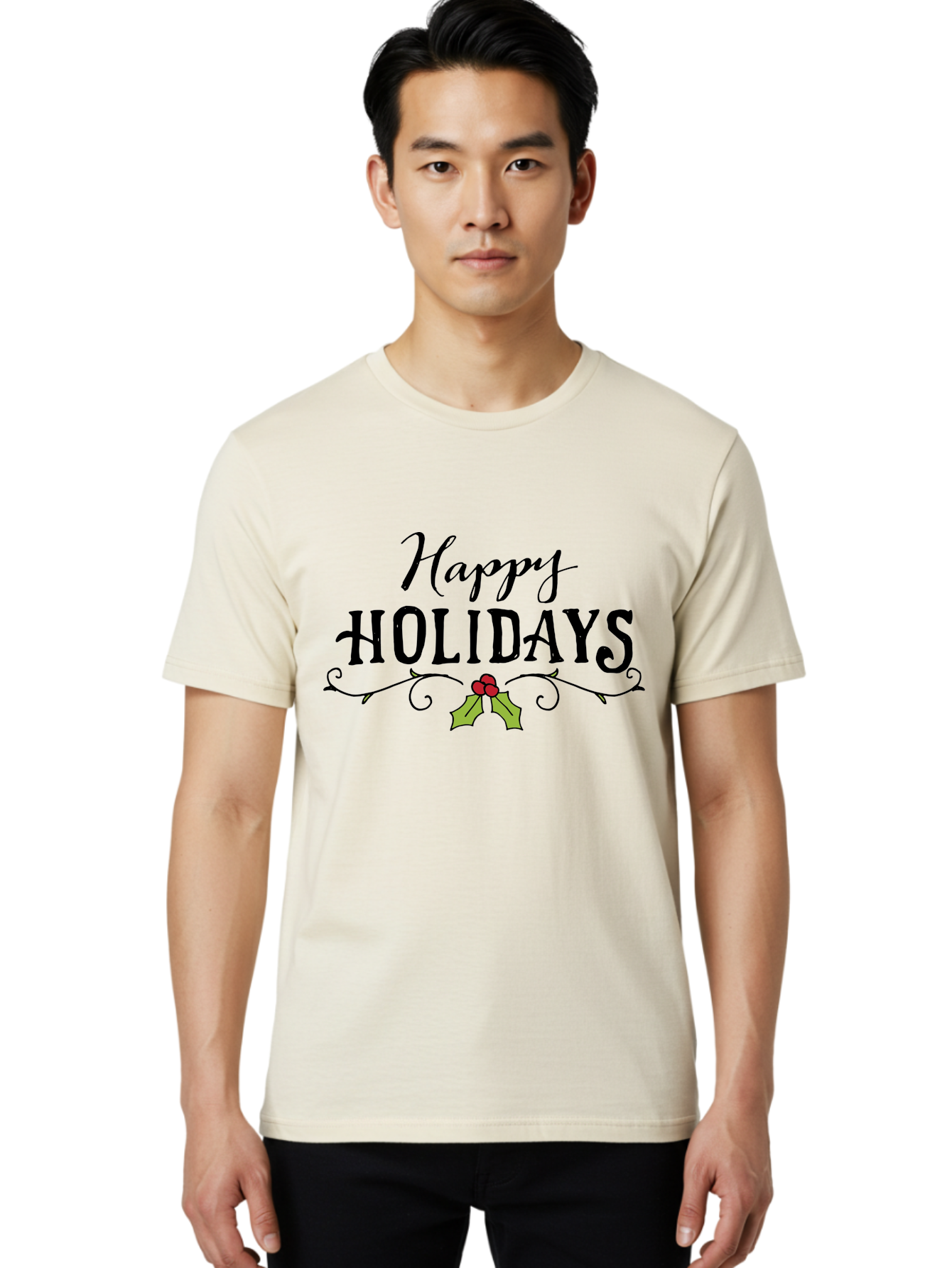 Happy-Holidays-6 Men'S Graphic Tee, 100% Cotton, Comfortable Casual Summer Wear, Machine Washable, Happy Holidays, Holiday Cheer, Festive Season, Holly Leaves, Red Berries, Black Script, Vintage Typography, Christmas Greetings, - Aaa918