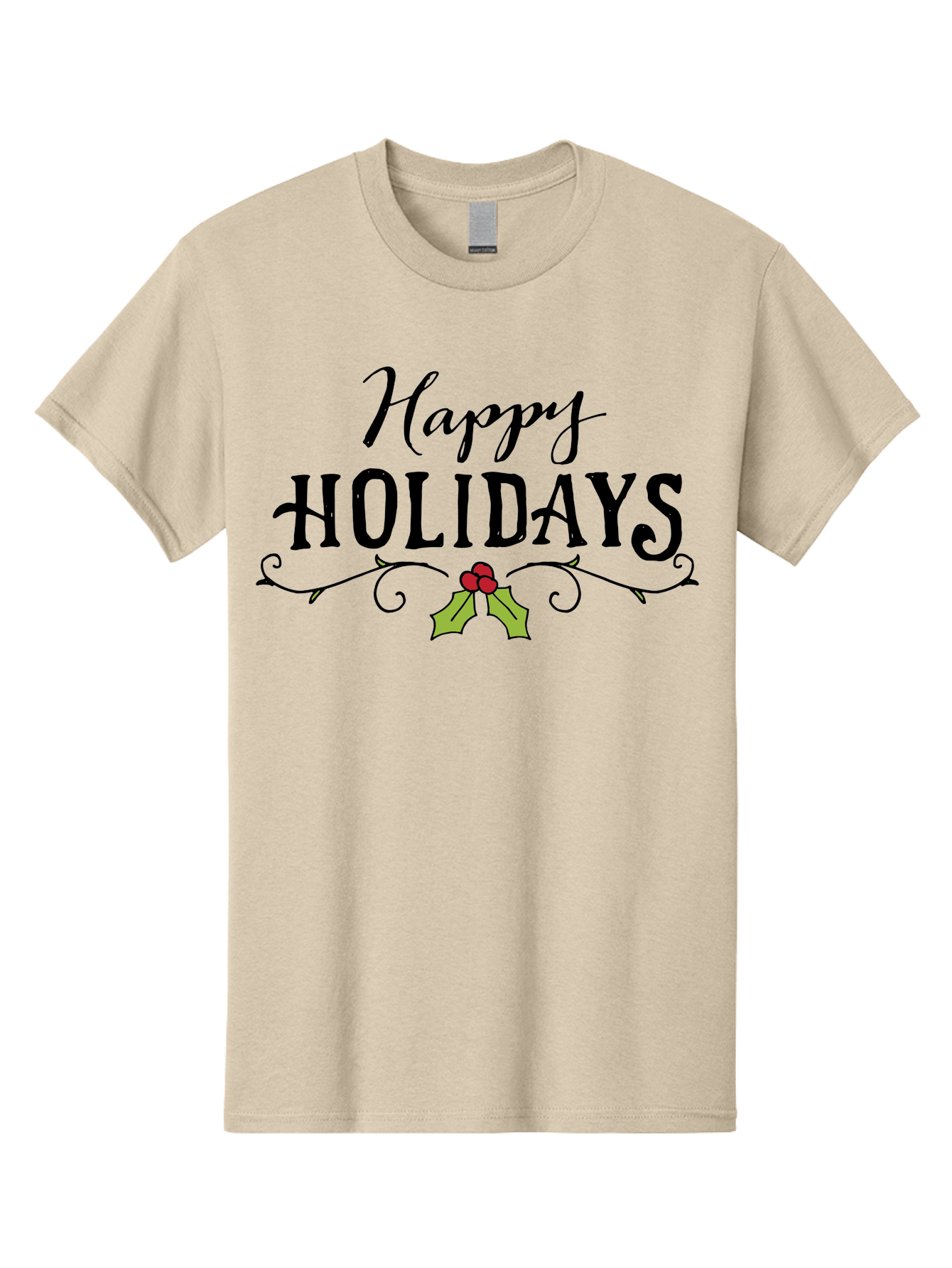 Happy-Holidays-6 Men'S Graphic Tee, 100% Cotton, Comfortable Casual Summer Wear, Machine Washable, Happy Holidays, Holiday Cheer, Festive Season, Holly Leaves, Red Berries, Black Script, Vintage Typography, Christmas Greetings, - Aaa918