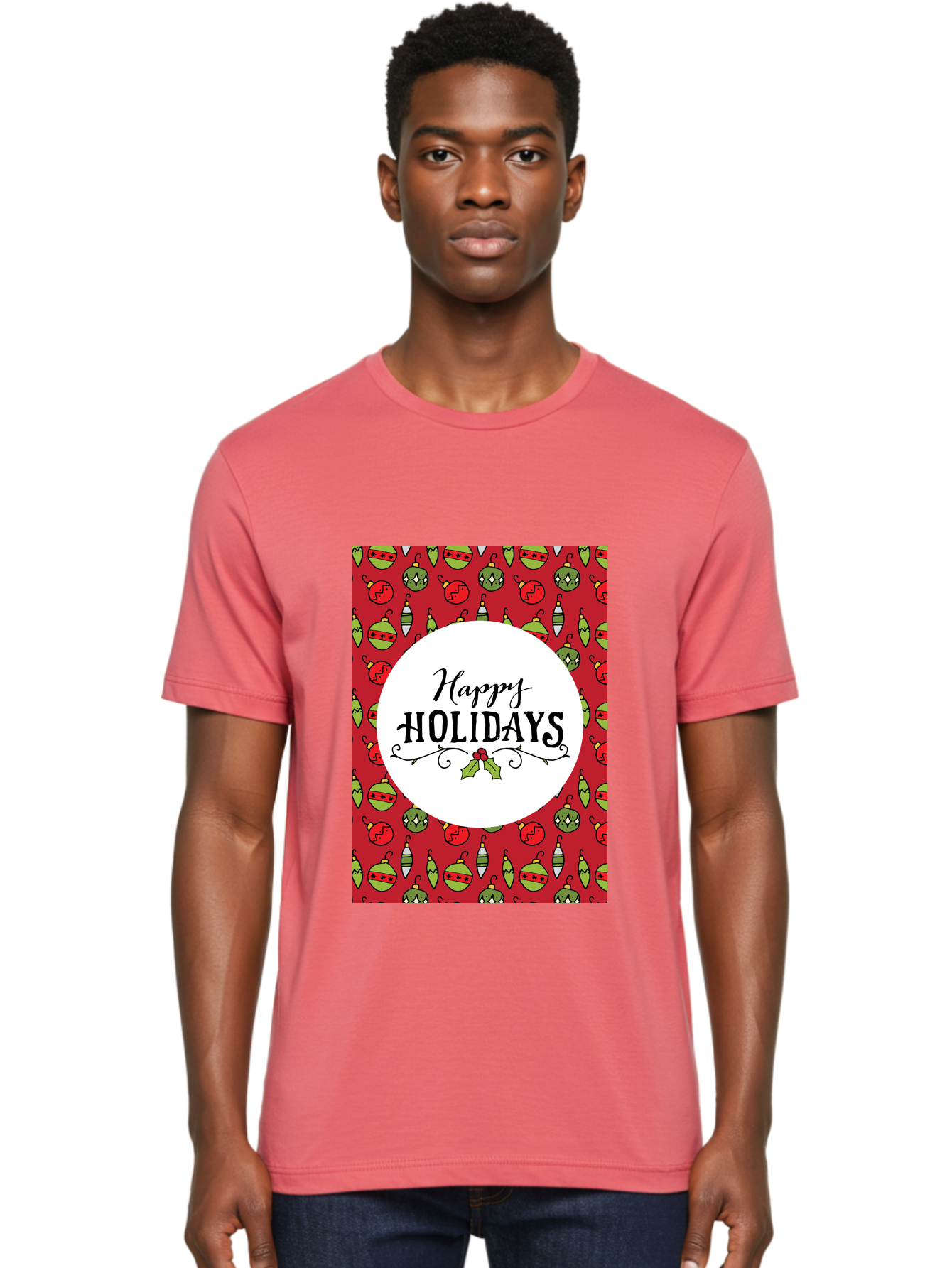 Happy-Holidays-7 Men'S Graphic Tee, 100% Cotton, Comfortable Casual Summer Wear, Machine Washable, Happy Holidays Greeting, Christmas Ornaments, Festive Decorations, Holiday Cheer, Red And Green Theme, Winter Season, Holiday Wishes, - Aaa919