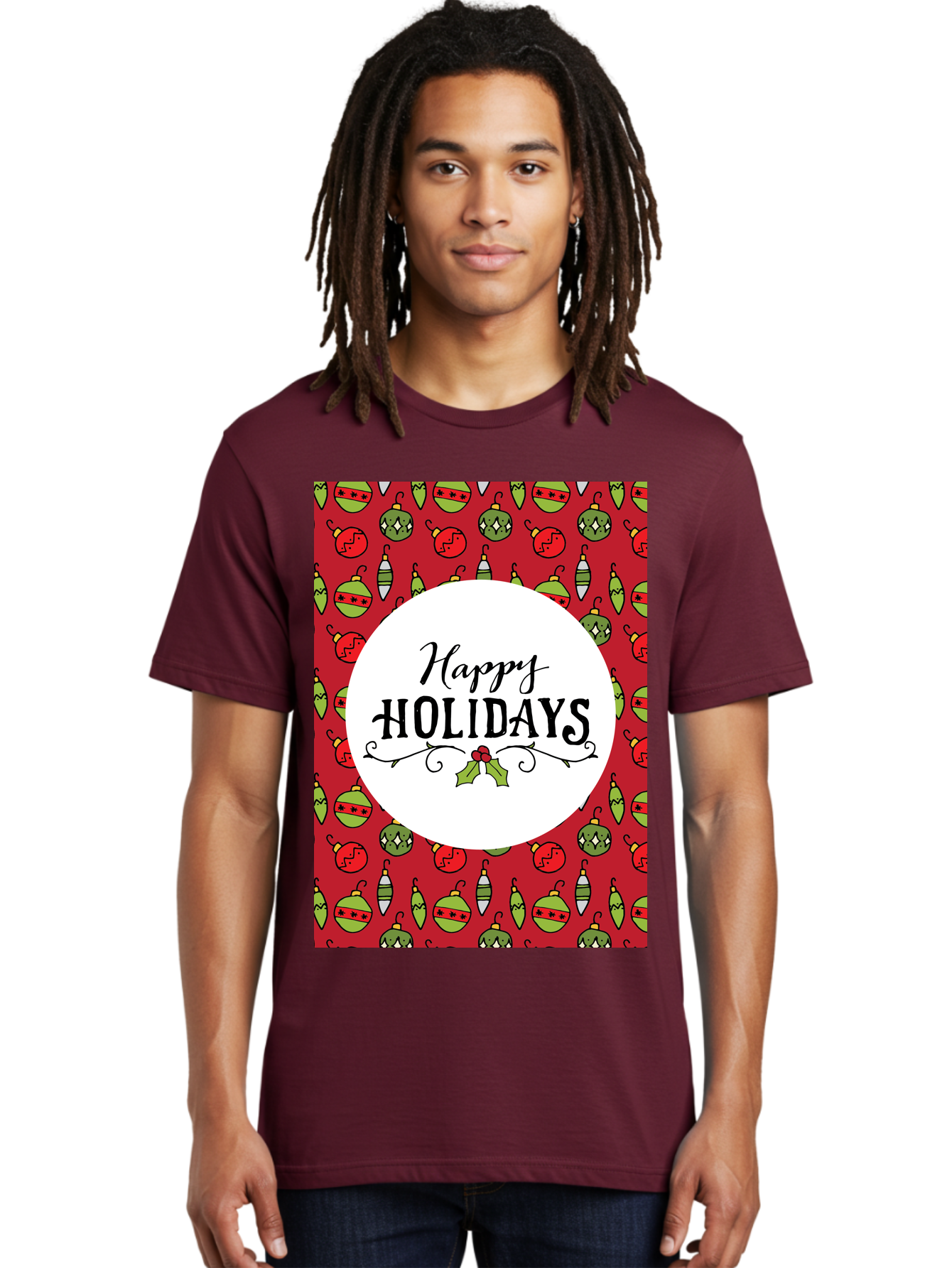 Happy-Holidays-7 Men'S Graphic Tee, 100% Cotton, Comfortable Casual Summer Wear, Machine Washable, Happy Holidays Greeting, Christmas Ornaments, Festive Decorations, Holiday Cheer, Red And Green Theme, Winter Season, Holiday Wishes, - Aaa919