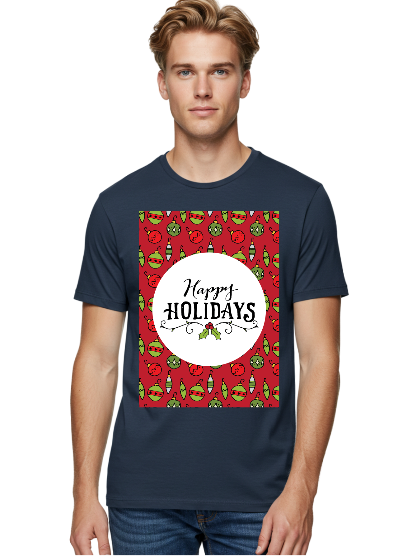 Happy-Holidays-7 Men'S Graphic Tee, 100% Cotton, Comfortable Casual Summer Wear, Machine Washable, Happy Holidays Greeting, Christmas Ornaments, Festive Decorations, Holiday Cheer, Red And Green Theme, Winter Season, Holiday Wishes, - Aaa919