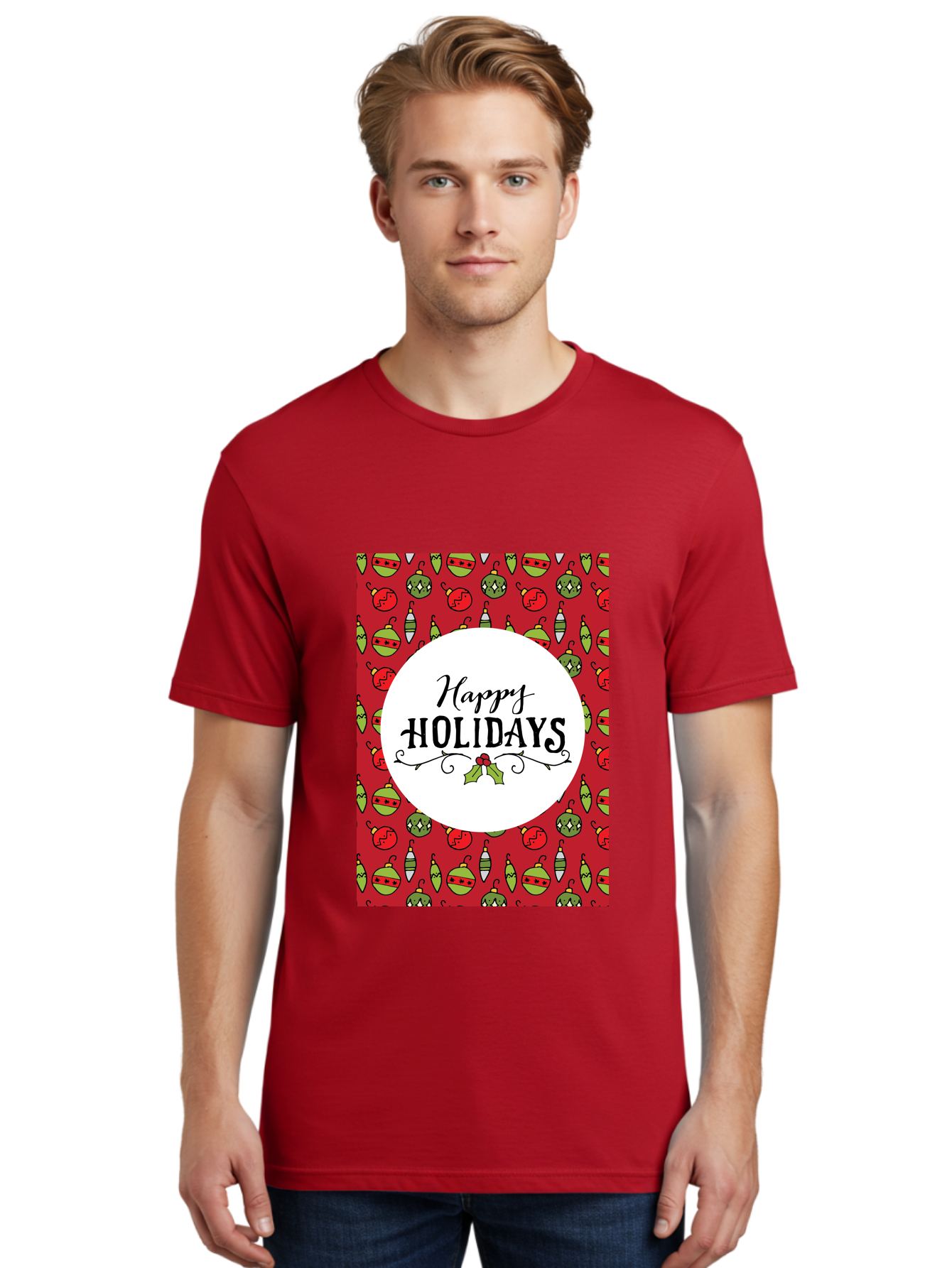Happy-Holidays-7 Men'S Graphic Tee, 100% Cotton, Comfortable Casual Summer Wear, Machine Washable, Happy Holidays Greeting, Christmas Ornaments, Festive Decorations, Holiday Cheer, Red And Green Theme, Winter Season, Holiday Wishes, - Aaa919