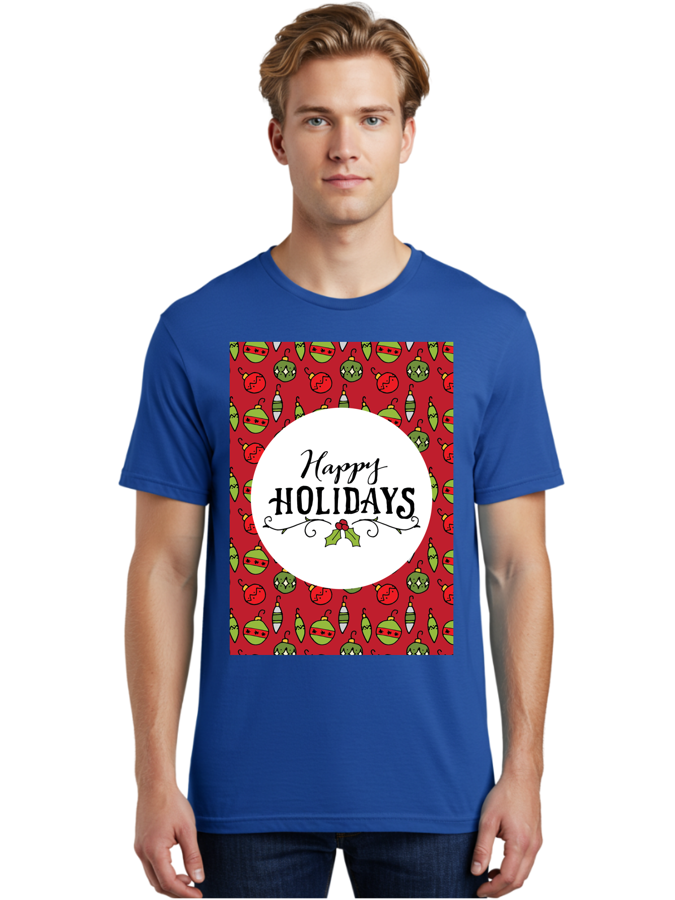 Happy-Holidays-7 Men'S Graphic Tee, 100% Cotton, Comfortable Casual Summer Wear, Machine Washable, Happy Holidays Greeting, Christmas Ornaments, Festive Decorations, Holiday Cheer, Red And Green Theme, Winter Season, Holiday Wishes, - Aaa919