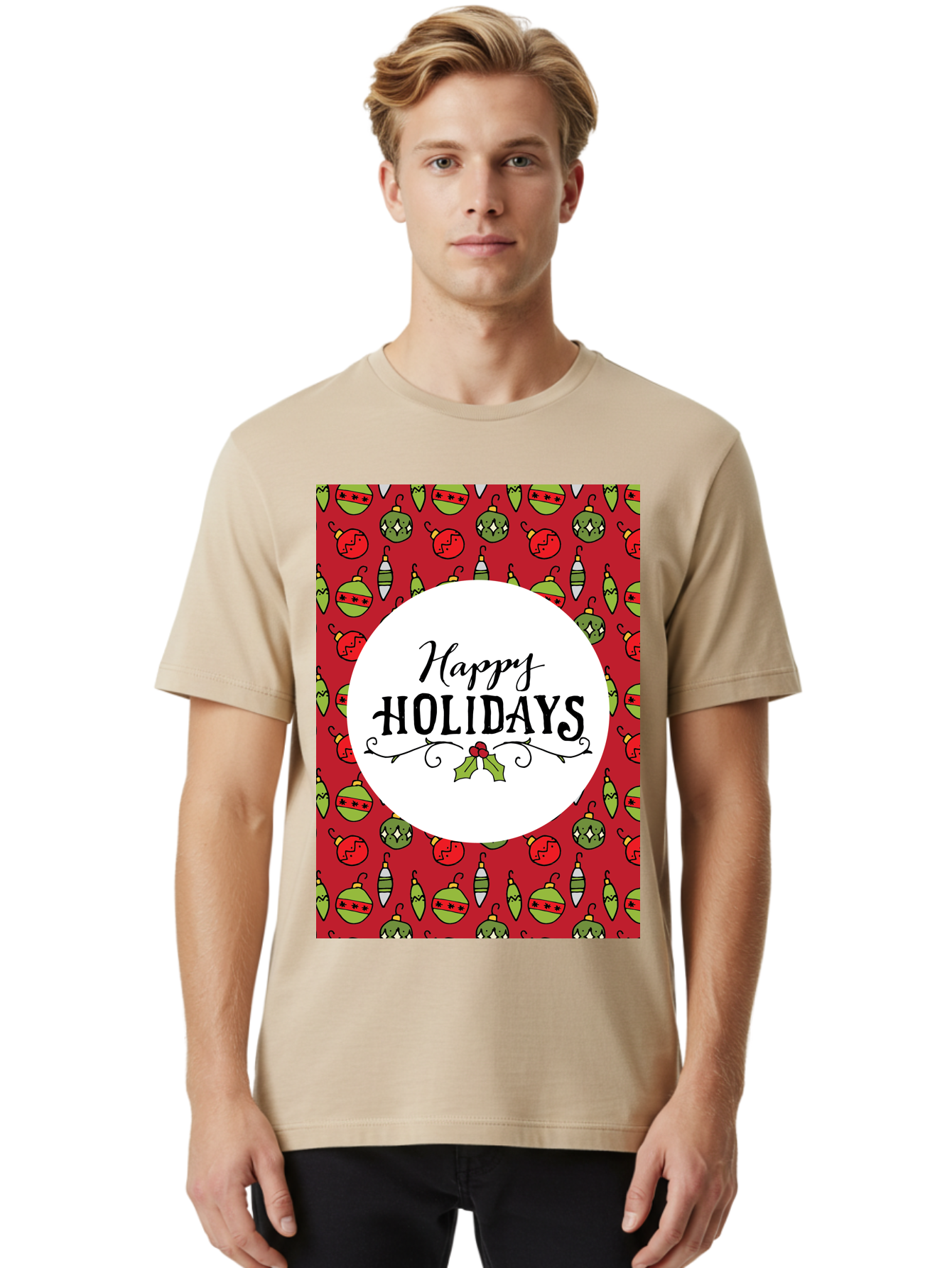 Happy-Holidays-7 Men'S Graphic Tee, 100% Cotton, Comfortable Casual Summer Wear, Machine Washable, Happy Holidays Greeting, Christmas Ornaments, Festive Decorations, Holiday Cheer, Red And Green Theme, Winter Season, Holiday Wishes, - Aaa919