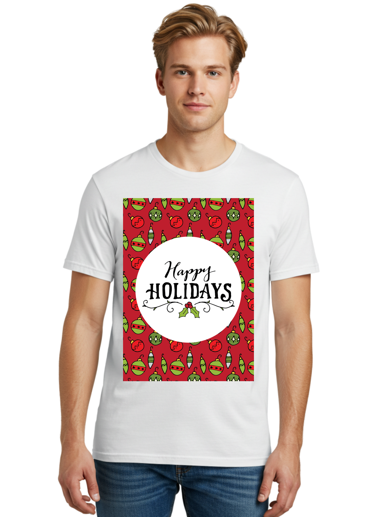 Happy-Holidays-7 Men'S Graphic Tee, 100% Cotton, Comfortable Casual Summer Wear, Machine Washable, Happy Holidays Greeting, Christmas Ornaments, Festive Decorations, Holiday Cheer, Red And Green Theme, Winter Season, Holiday Wishes, - Aaa919