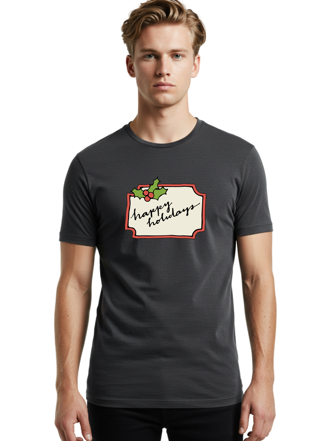 Happy-Holidays Men'S Graphic Tee, 100% Cotton, Comfortable Casual Summer Wear, Machine Washable, Happy Holidays, Festive Season, Holiday Cheer, Red Berries, Holly Leaves, Greeting Card, Celebration, Winter Wonderland, Joyous Occasion, - Aaa921