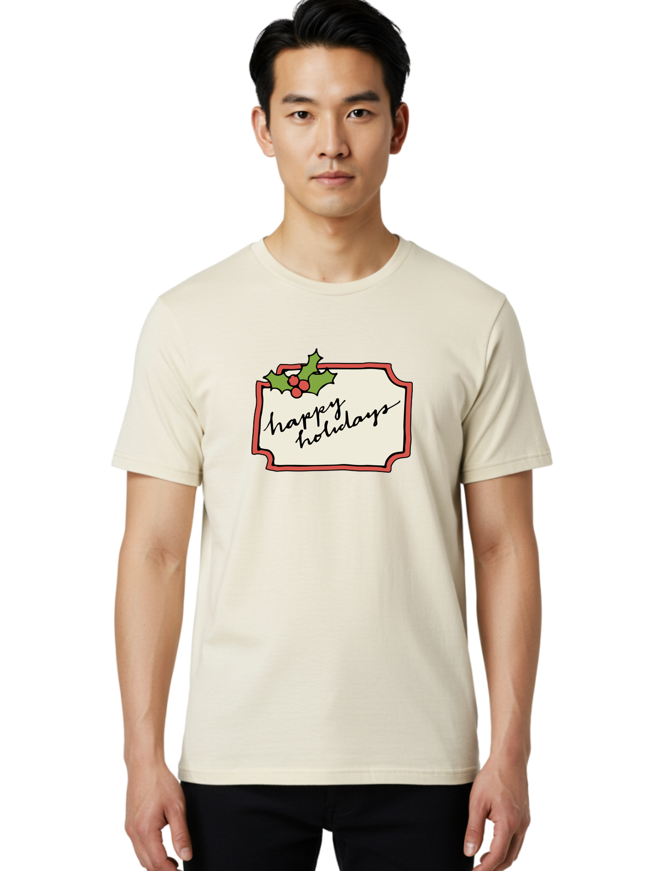 Happy-Holidays Men'S Graphic Tee, 100% Cotton, Comfortable Casual Summer Wear, Machine Washable, Happy Holidays, Festive Season, Holiday Cheer, Red Berries, Holly Leaves, Greeting Card, Celebration, Winter Wonderland, Joyous Occasion, - Aaa921