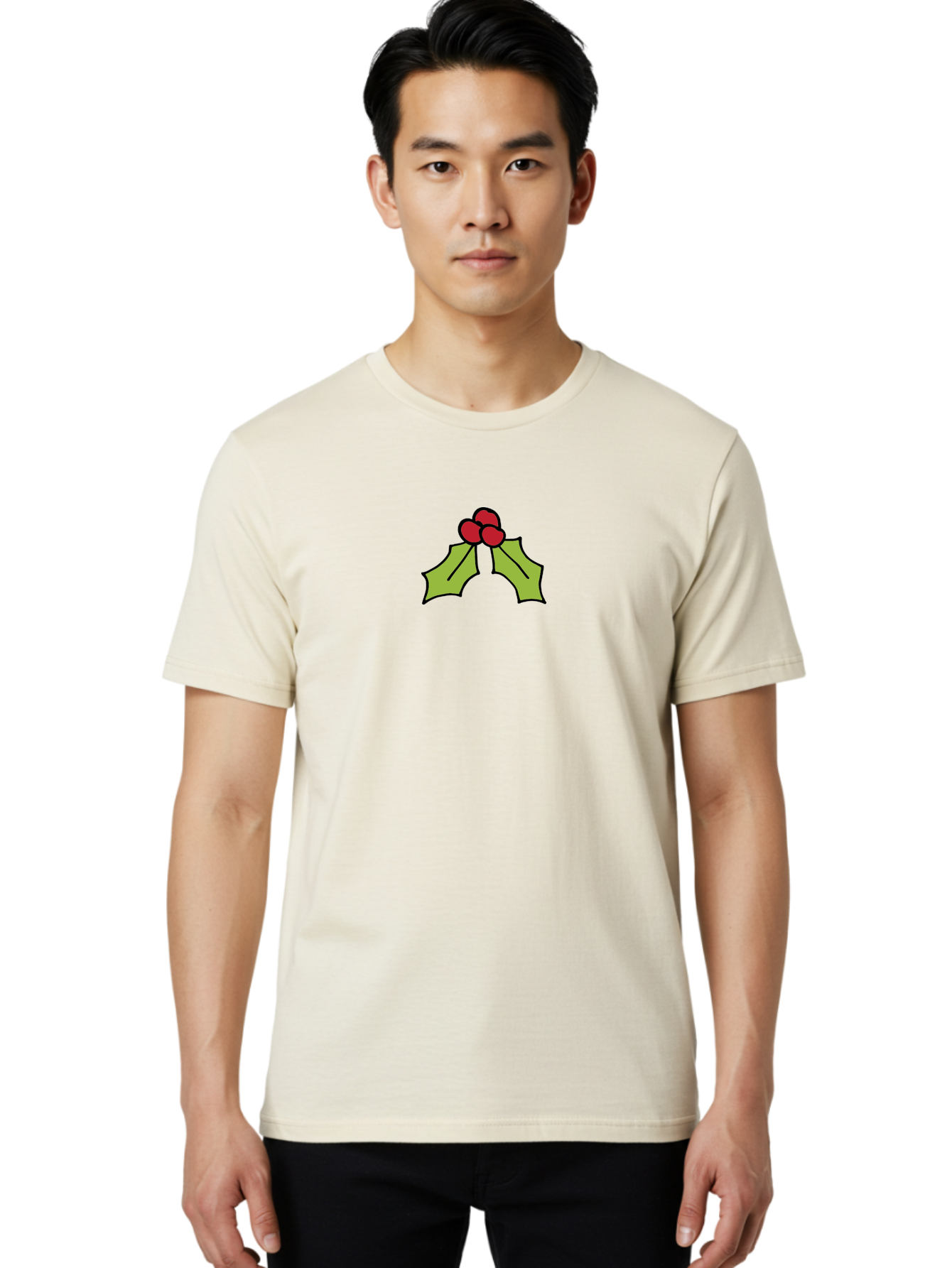 Holly-5 Men'S Graphic Tee, 100% Cotton, Comfortable Casual Summer Wear, Machine Washable, Holiday Decoration, Festive Symbol, Christmas Icon, Red Berries, Green Leaves, Winter Decor, Seasonal Graphic, Cartoon Illustration, Simple Design - Aaa932
