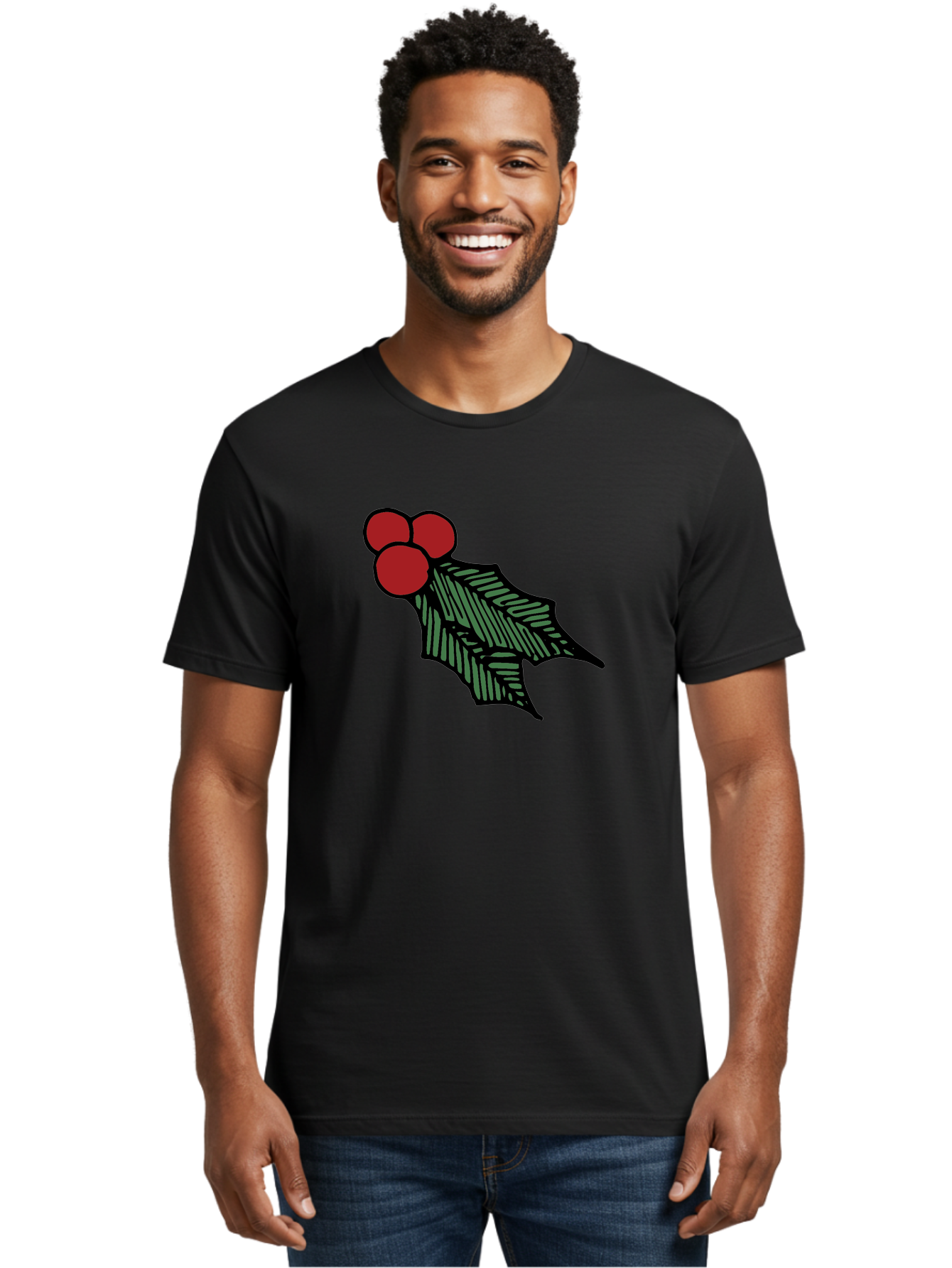 Holly-Leaf-With-Berries Men'S Graphic Tee, 100% Cotton, Comfortable Casual Summer Wear, Machine Washable, Holiday Decor, Festive Illustration, Christmas Symbolism, Holly Leaves, Red Berries, Winter Decoration, Seasonal Graphics - Aaa933