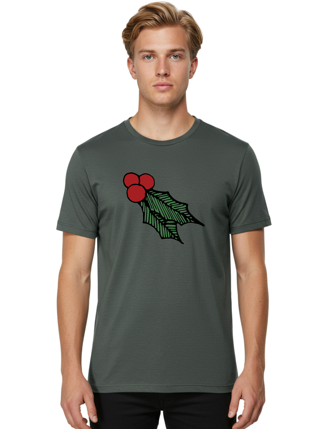 Holly-Leaf-With-Berries Men'S Graphic Tee, 100% Cotton, Comfortable Casual Summer Wear, Machine Washable, Holiday Decor, Festive Illustration, Christmas Symbolism, Holly Leaves, Red Berries, Winter Decoration, Seasonal Graphics - Aaa933