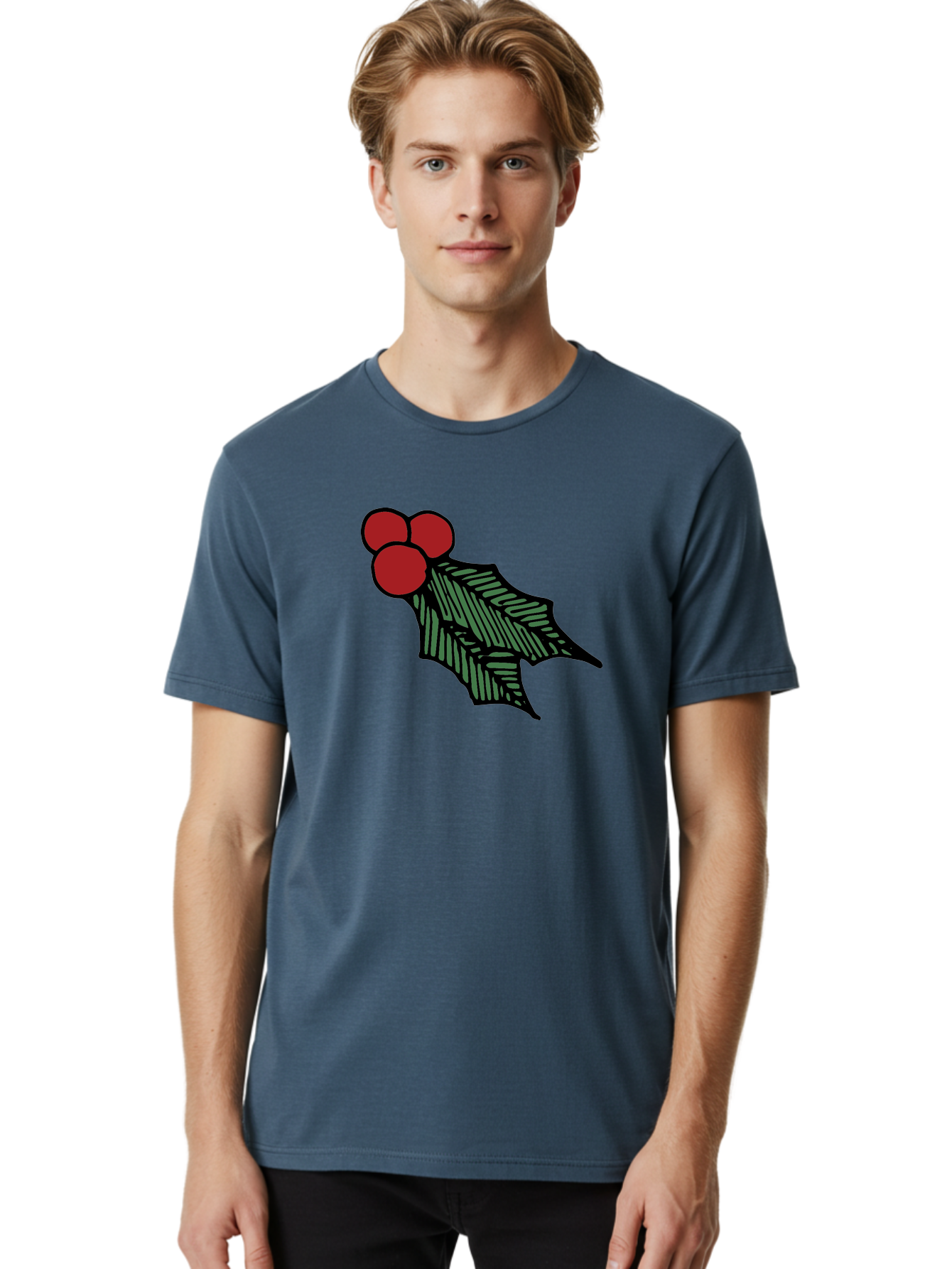 Holly-Leaf-With-Berries Men'S Graphic Tee, 100% Cotton, Comfortable Casual Summer Wear, Machine Washable, Holiday Decor, Festive Illustration, Christmas Symbolism, Holly Leaves, Red Berries, Winter Decoration, Seasonal Graphics - Aaa933
