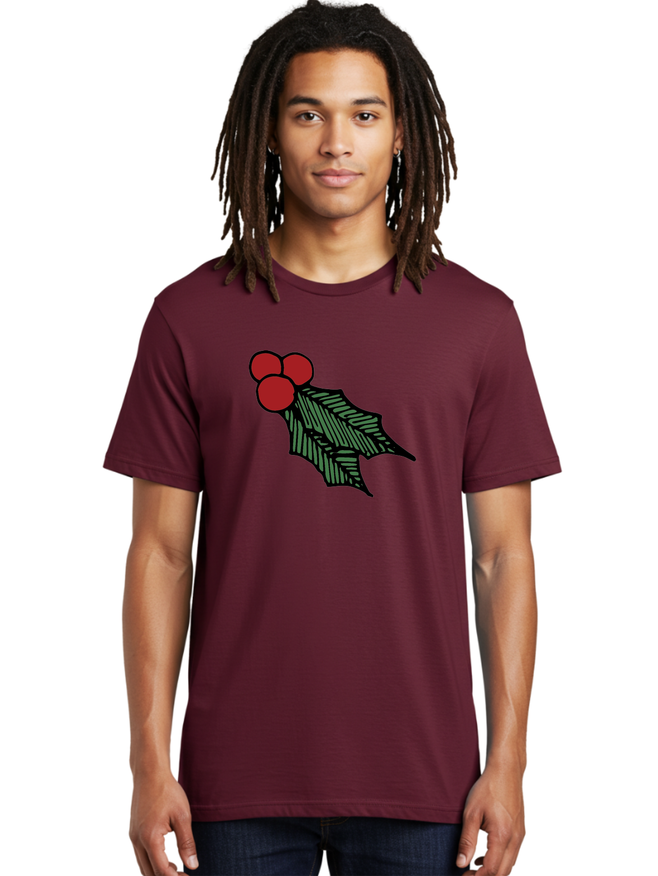 Holly-Leaf-With-Berries Men'S Graphic Tee, 100% Cotton, Comfortable Casual Summer Wear, Machine Washable, Holiday Decor, Festive Illustration, Christmas Symbolism, Holly Leaves, Red Berries, Winter Decoration, Seasonal Graphics - Aaa933