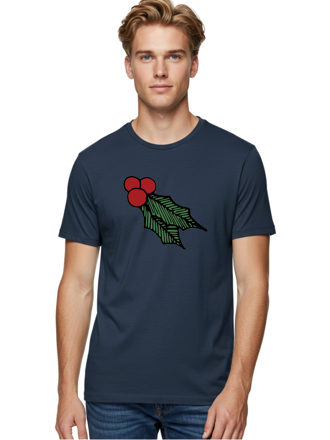 Holly-Leaf-With-Berries Men'S Graphic Tee, 100% Cotton, Comfortable Casual Summer Wear, Machine Washable, Holiday Decor, Festive Illustration, Christmas Symbolism, Holly Leaves, Red Berries, Winter Decoration, Seasonal Graphics - Aaa933